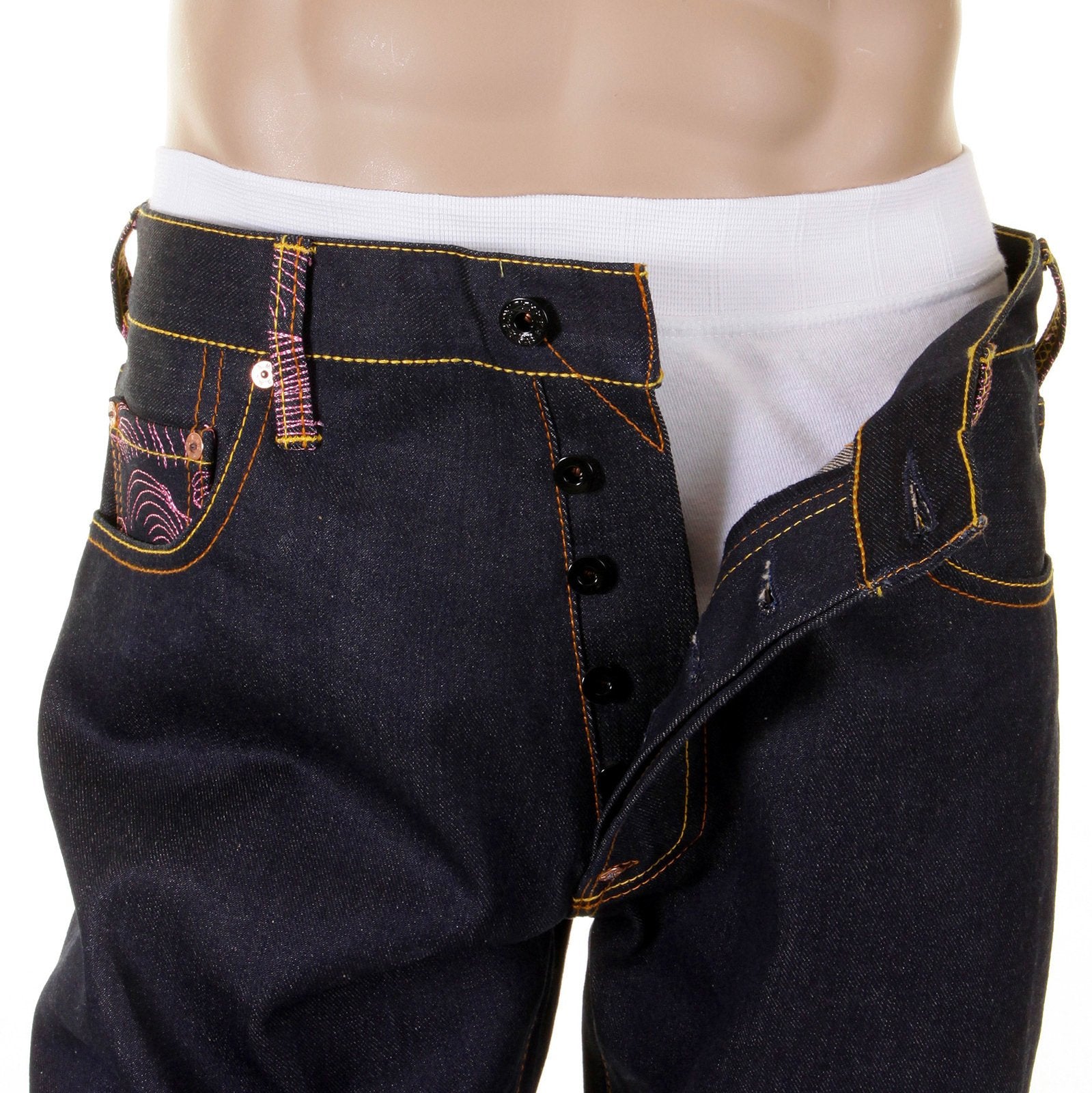 RMC MARTIN KSOHOH 1001 SLIMMER CUT MENS COTTON DARK INDIGO RAW DENIM JEANS WITH MAGIC RABBIT EMBROIDERY REDM0004