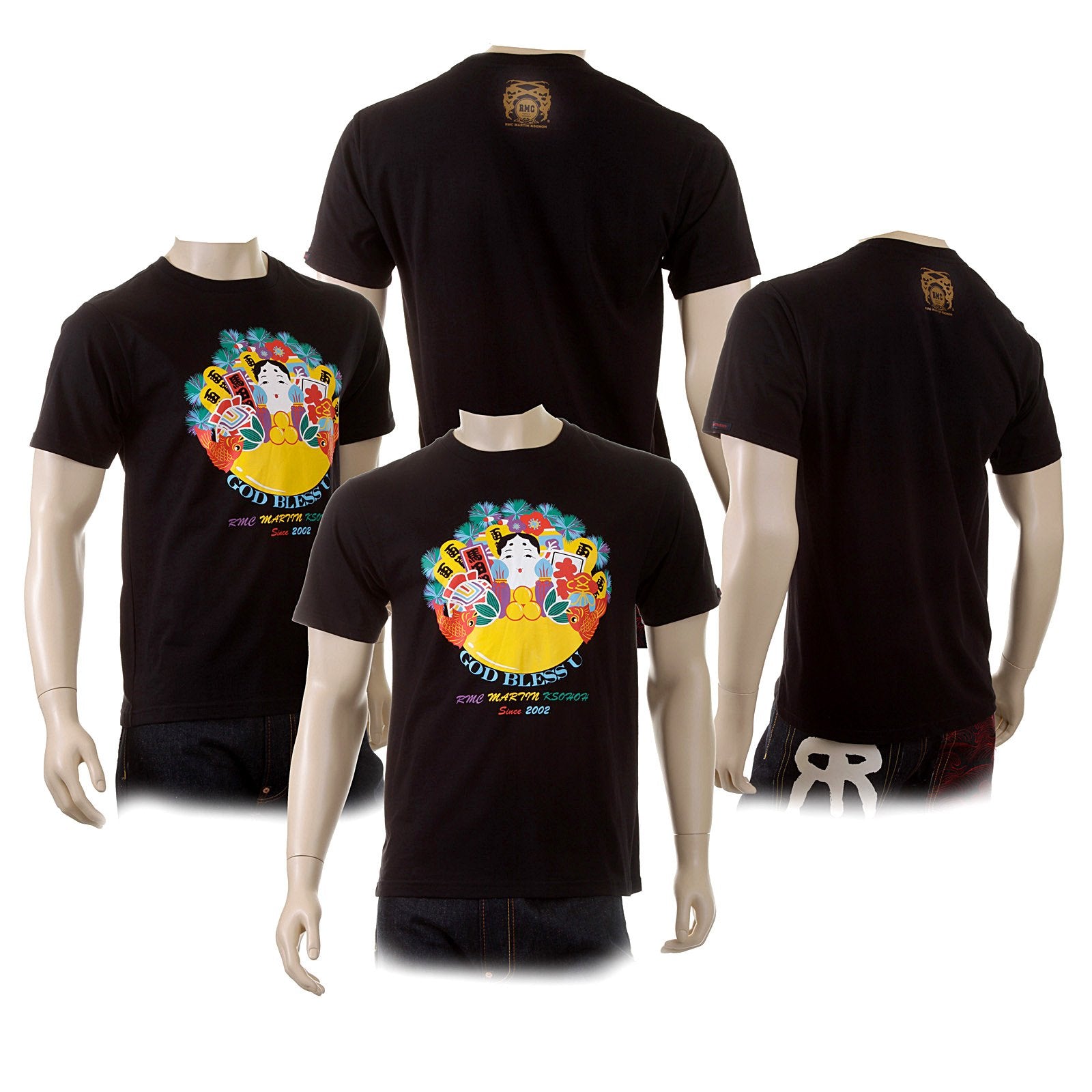 RMC MARTIN KSOHOH MENS REGULAR FIT CREW NECK SHORT SLEEVE GOD BLESS U PRINTED T-SHIRT IN BLACK REDM3968