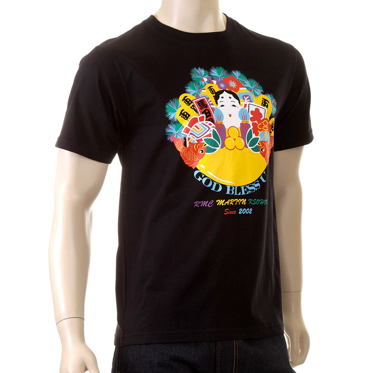 RMC MARTIN KSOHOH MENS REGULAR FIT CREW NECK SHORT SLEEVE GOD BLESS U PRINTED T-SHIRT IN BLACK REDM3968