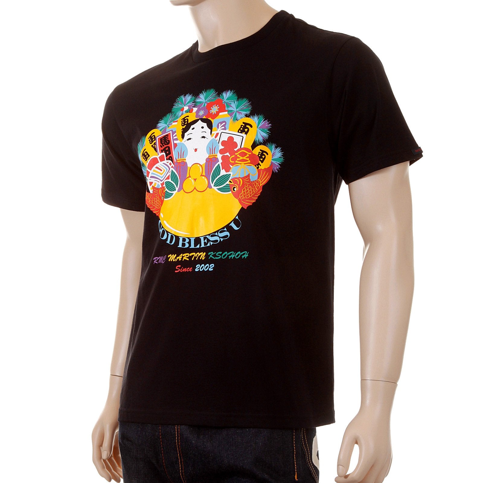 RMC MARTIN KSOHOH MENS REGULAR FIT CREW NECK SHORT SLEEVE GOD BLESS U PRINTED T-SHIRT IN BLACK REDM3968