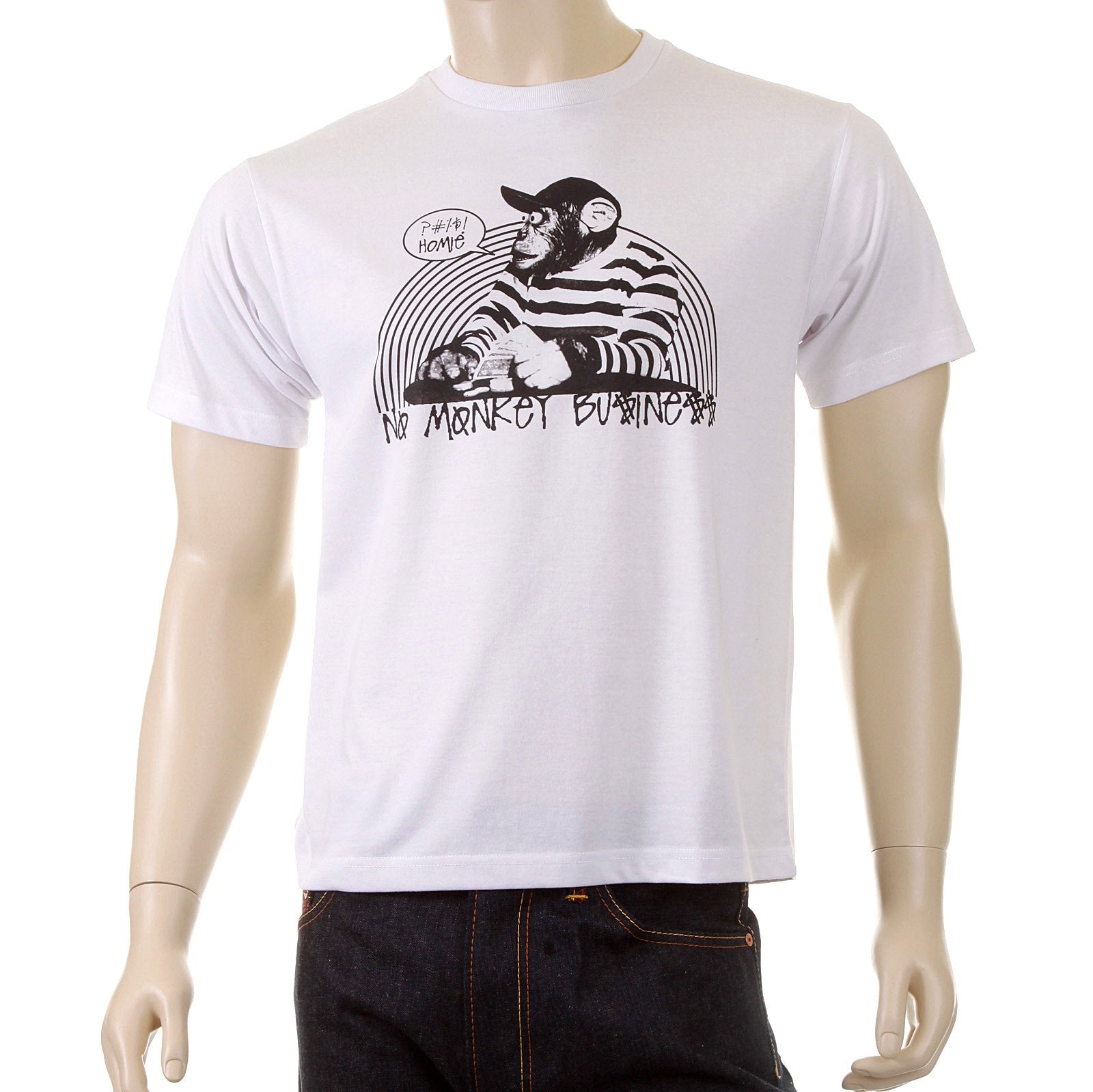 RMC MARTIN KSOHOH SHORT SLEEVE REGULAR FIT MENS CREW NECK NO MONKEY BUSINESS PRINTED T-SHIRT IN WHITE REDM5033