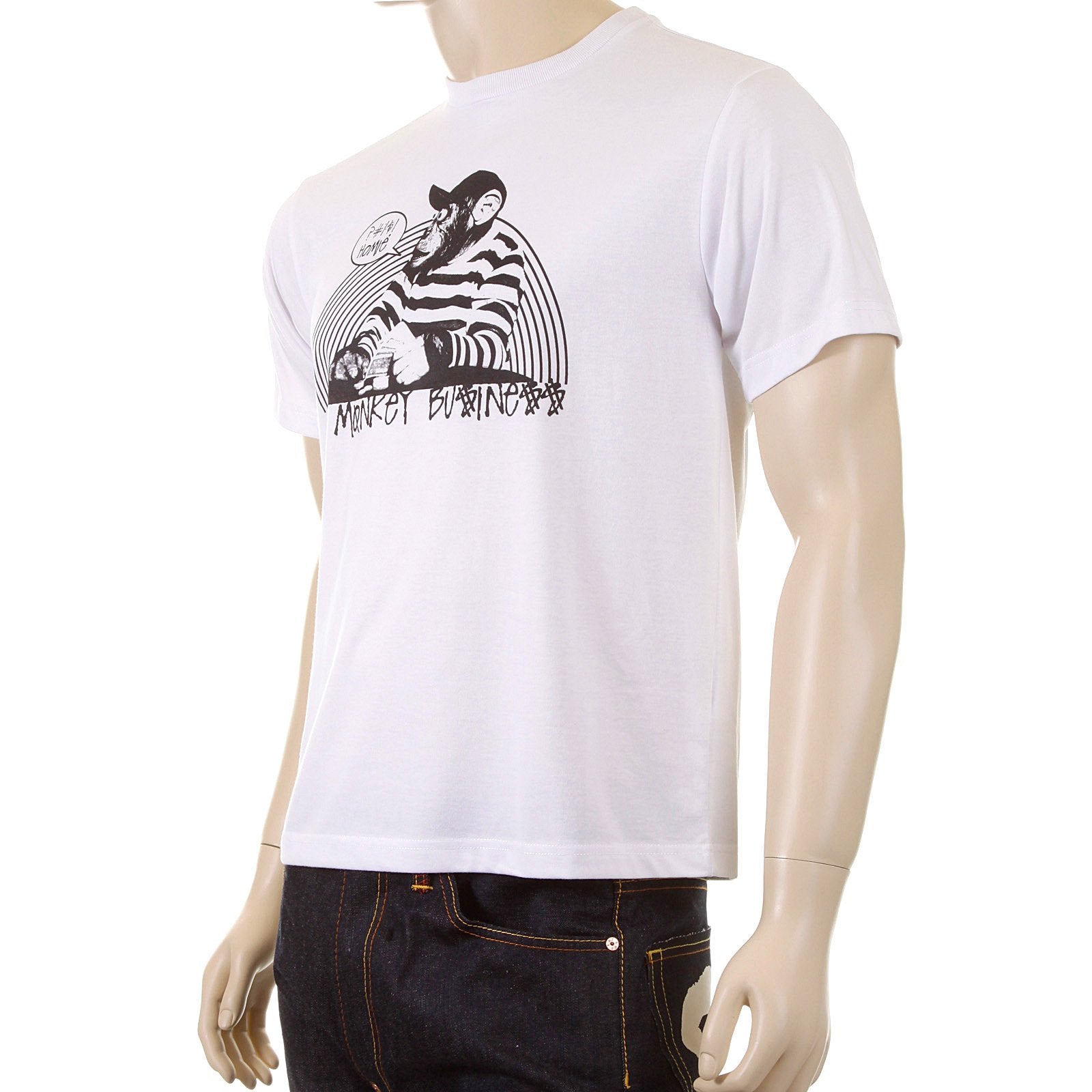 RMC MARTIN KSOHOH SHORT SLEEVE REGULAR FIT MENS CREW NECK NO MONKEY BUSINESS PRINTED T-SHIRT IN WHITE REDM5033