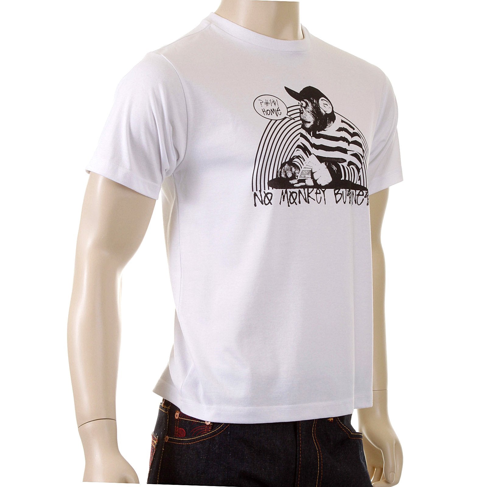 RMC MARTIN KSOHOH SHORT SLEEVE REGULAR FIT MENS CREW NECK NO MONKEY BUSINESS PRINTED T-SHIRT IN WHITE REDM5033