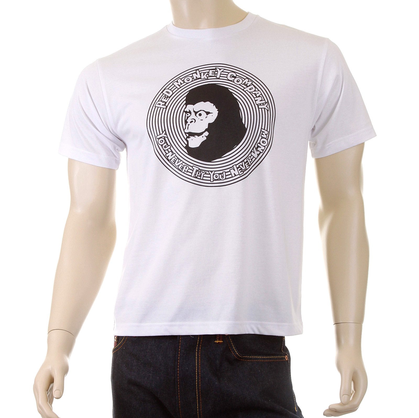 RMC MARTIN KSOHOH CREW NECK COTTON REGULAR FIT SHORT SLEEVED MENS APE COPE PRINTED T-SHIRT IN WHITE REDM5034