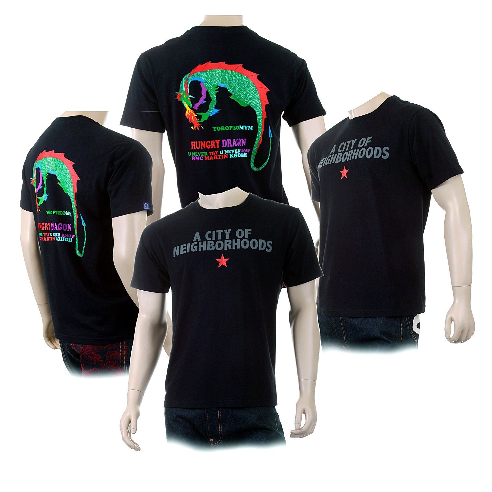 YOROPIKO FINE RIBBED CREW NECK HUNGRY DRAGON PRINTED BLACK SHORT SLEEVED T SHIRT REDM3963