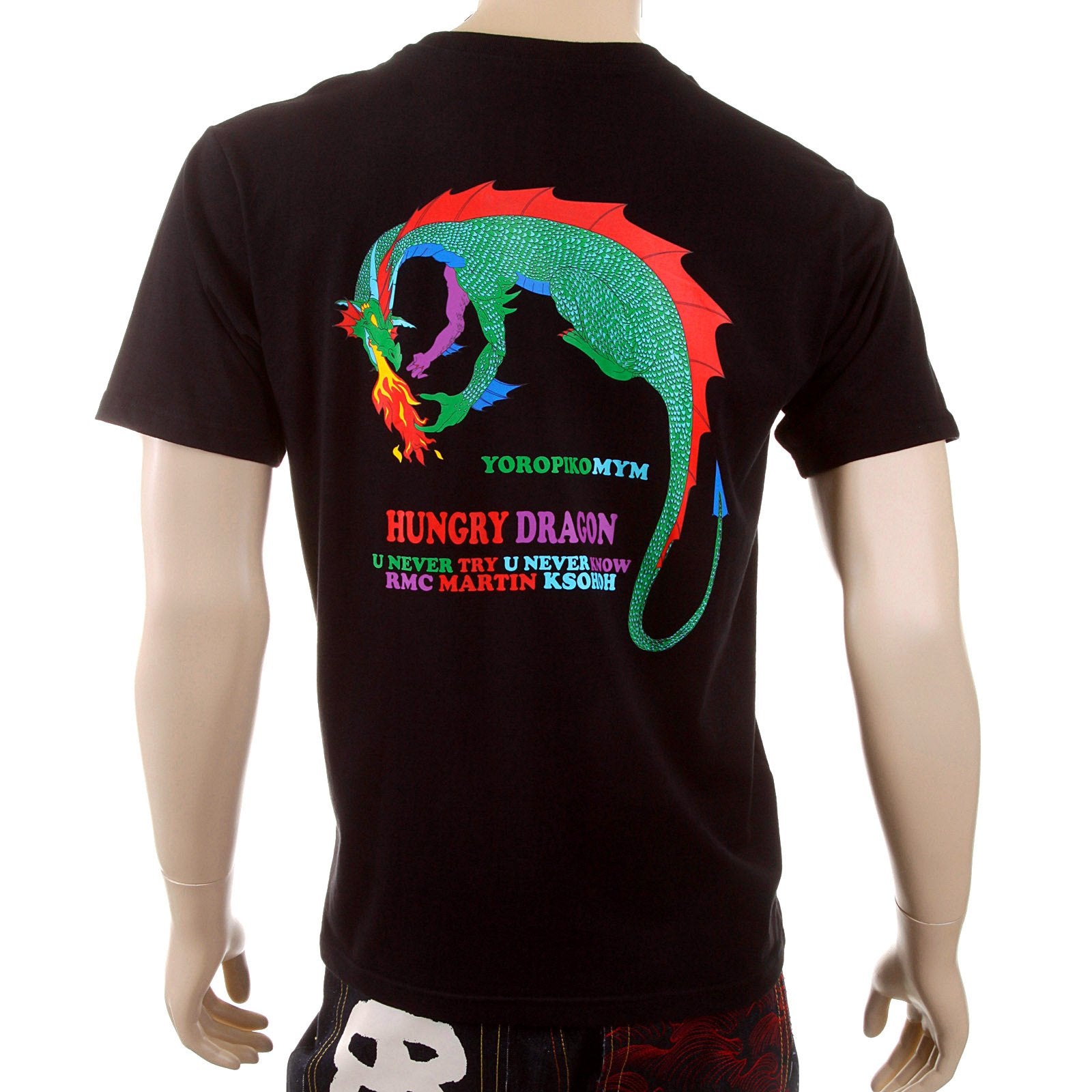 YOROPIKO FINE RIBBED CREW NECK HUNGRY DRAGON PRINTED BLACK SHORT SLEEVED T SHIRT REDM3963