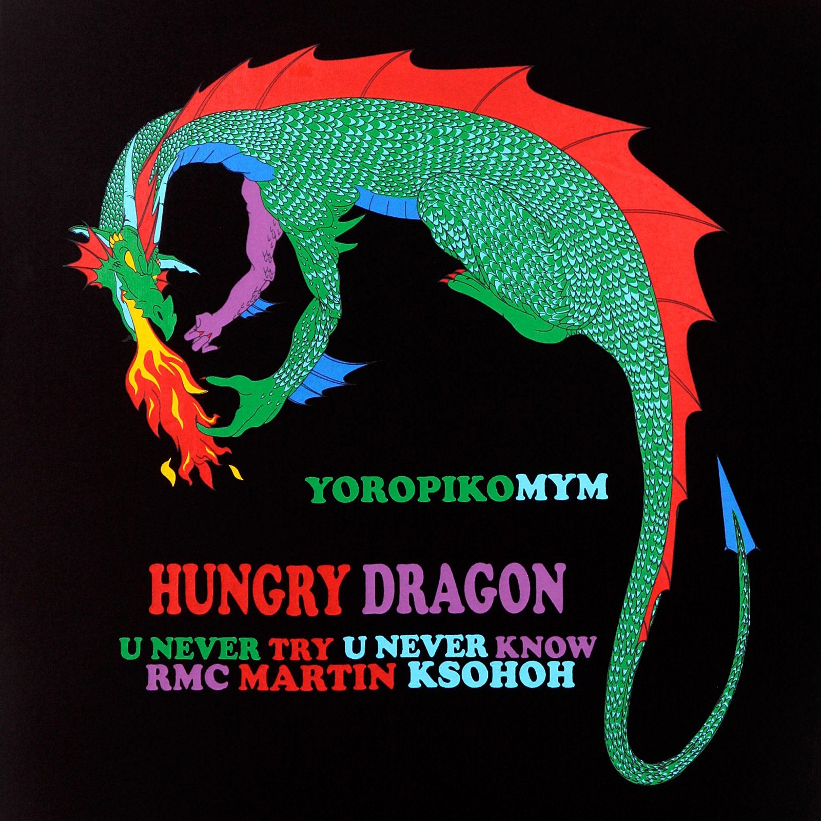 YOROPIKO FINE RIBBED CREW NECK HUNGRY DRAGON PRINTED BLACK SHORT SLEEVED T SHIRT REDM3963