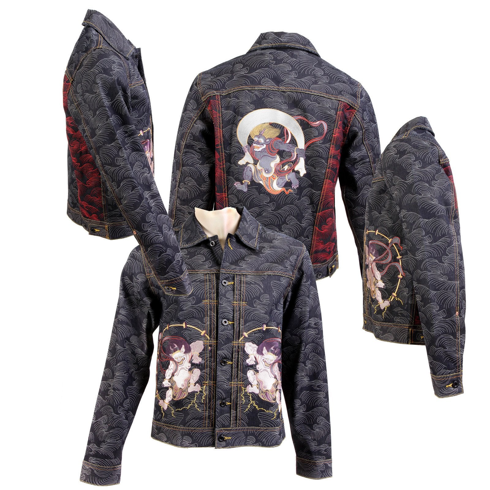 RMC MARTIN KSOHOH EXCLUSIVE GENUINE RAW SELVEDGE VINTAGE CUT FUJIN AND RAIJIN EMBROIDERED DENIM JACKET REDM3852