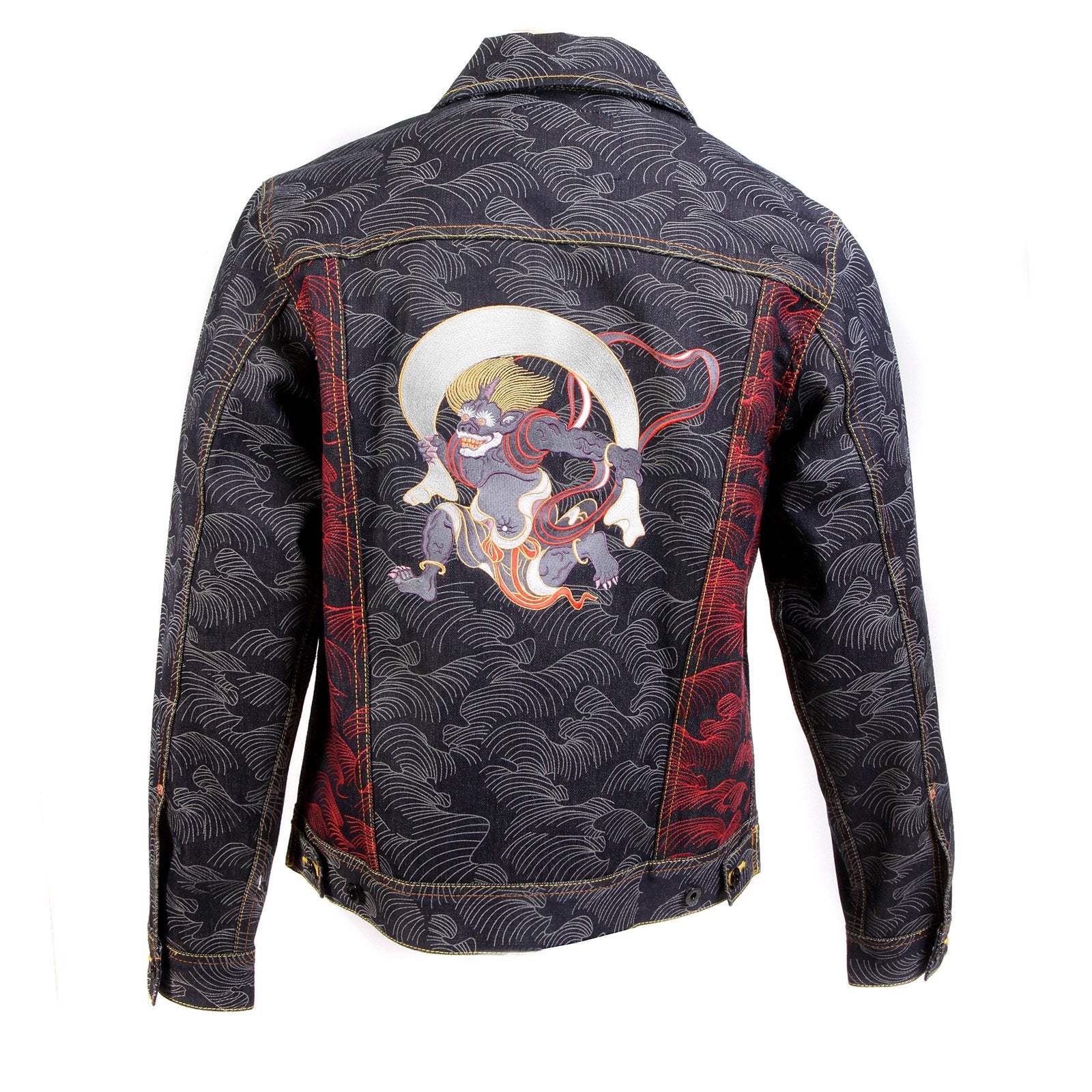 RMC MARTIN KSOHOH EXCLUSIVE GENUINE RAW SELVEDGE VINTAGE CUT FUJIN AND RAIJIN EMBROIDERED DENIM JACKET REDM3852