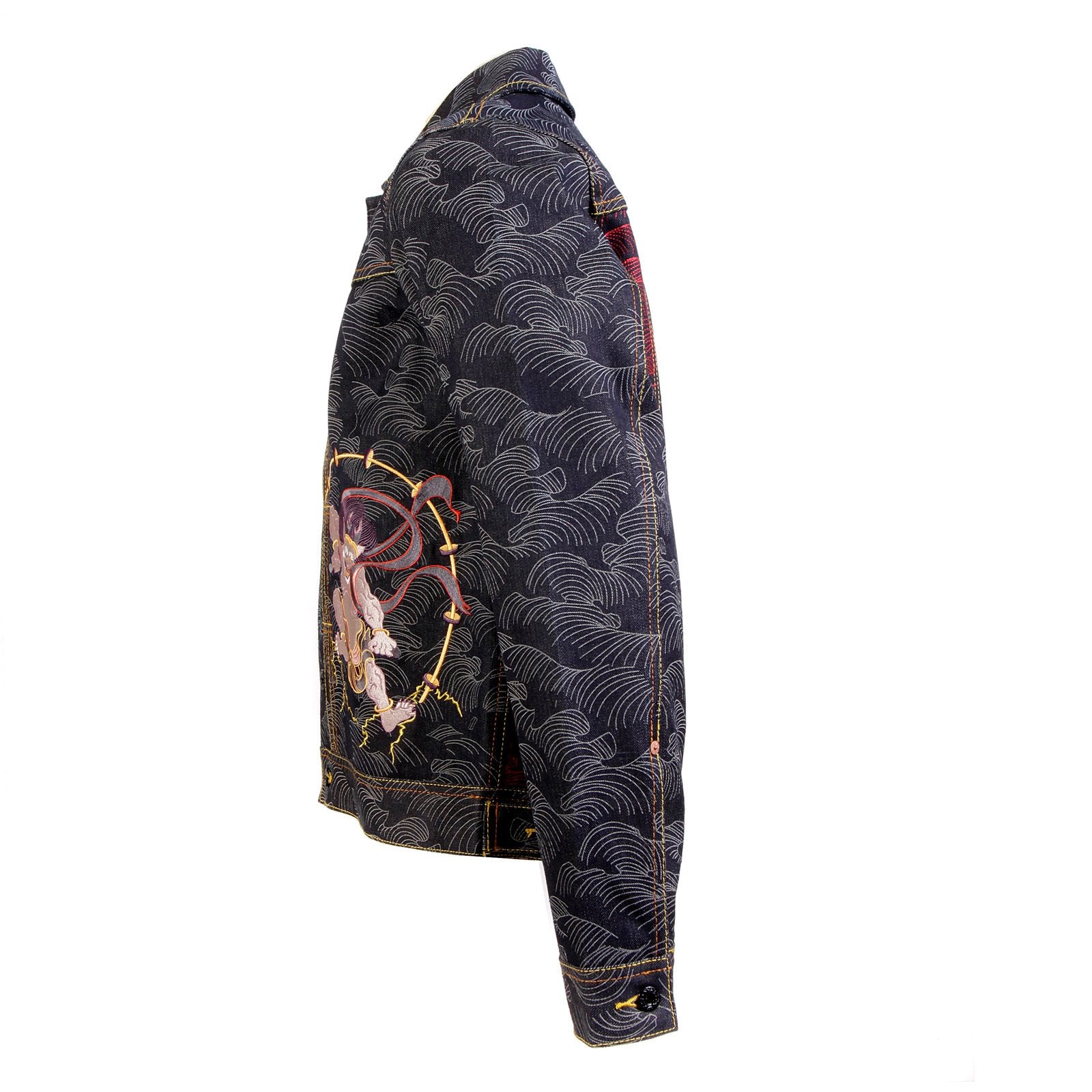RMC MARTIN KSOHOH EXCLUSIVE GENUINE RAW SELVEDGE VINTAGE CUT FUJIN AND RAIJIN EMBROIDERED DENIM JACKET REDM3852