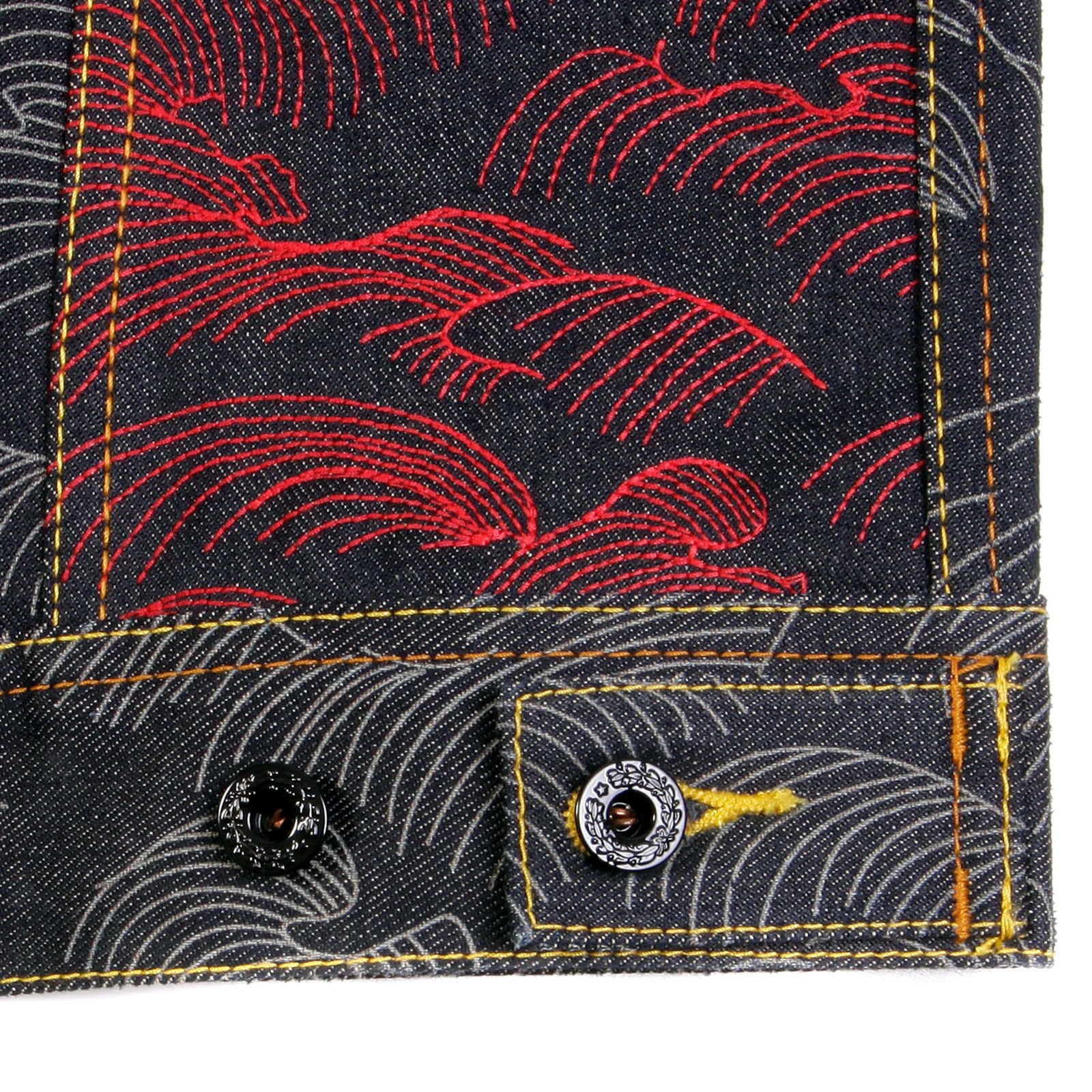 RMC MARTIN KSOHOH EXCLUSIVE GENUINE RAW SELVEDGE VINTAGE CUT FUJIN AND RAIJIN EMBROIDERED DENIM JACKET REDM3852