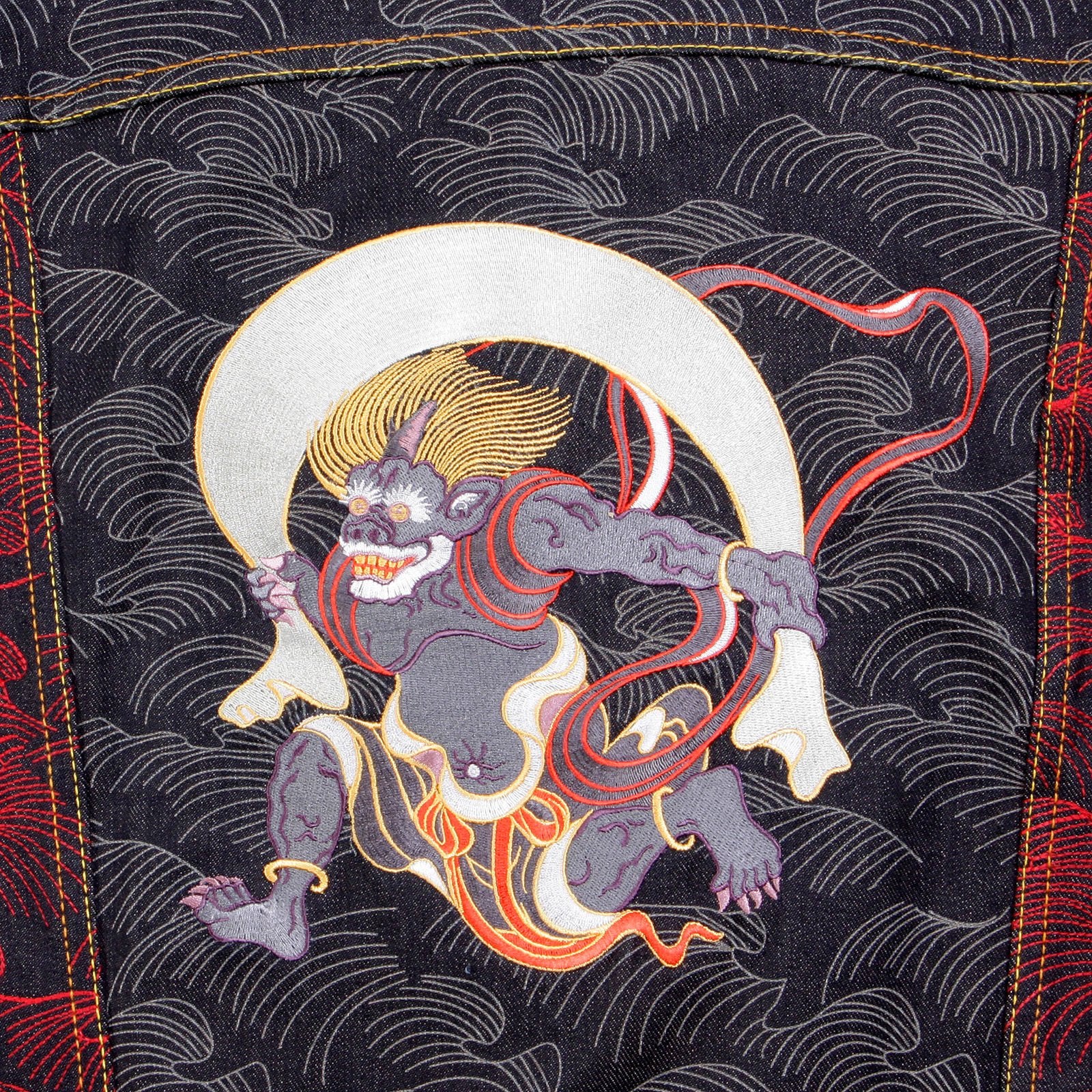 RMC MARTIN KSOHOH EXCLUSIVE GENUINE RAW SELVEDGE VINTAGE CUT FUJIN AND RAIJIN EMBROIDERED DENIM JACKET REDM3852