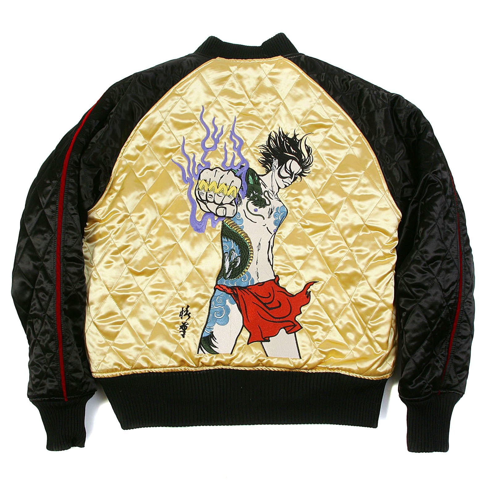 YOROPIKO X RMC JEANS REVERSIBLE EMBROIDERED 4A HERO SOUVENIR JACKET WITH QUILTED BLACK BODY AND GOLD SLEEVES YORO2140A