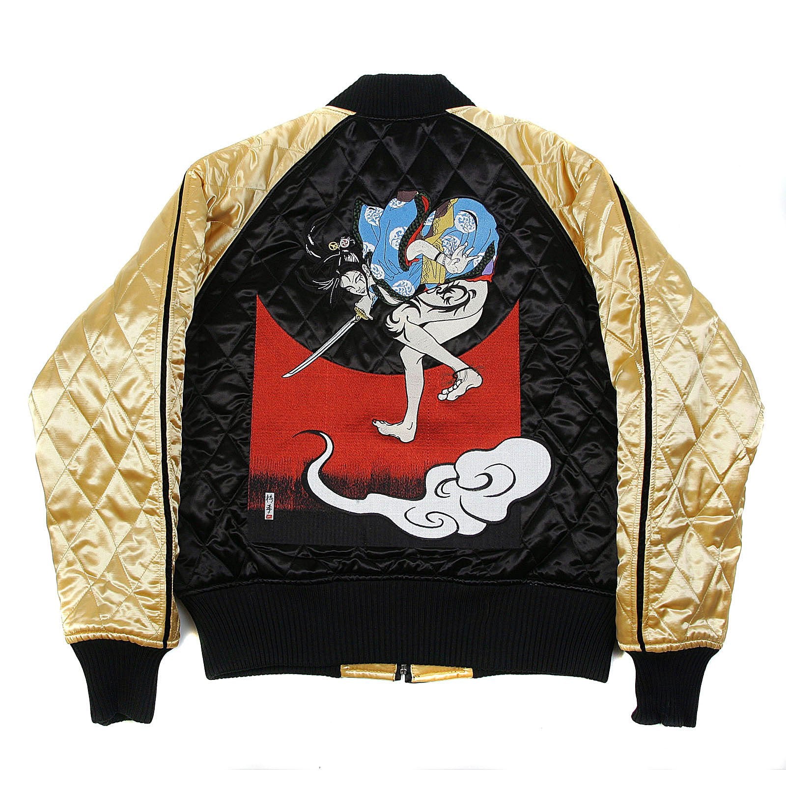 YOROPIKO X RMC JEANS REVERSIBLE EMBROIDERED 4A HERO SOUVENIR JACKET WITH QUILTED BLACK BODY AND GOLD SLEEVES YORO2140A