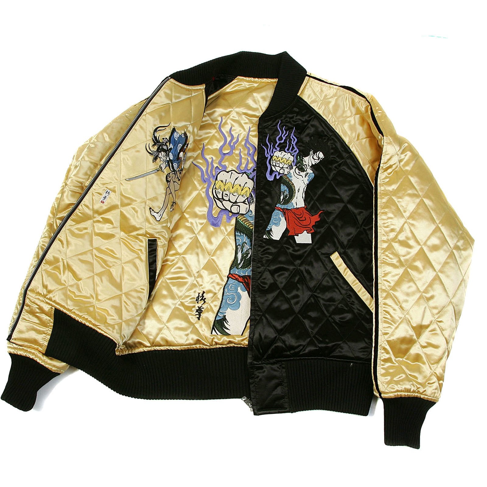 YOROPIKO X RMC JEANS REVERSIBLE EMBROIDERED 4A HERO SOUVENIR JACKET WITH QUILTED BLACK BODY AND GOLD SLEEVES YORO2140A