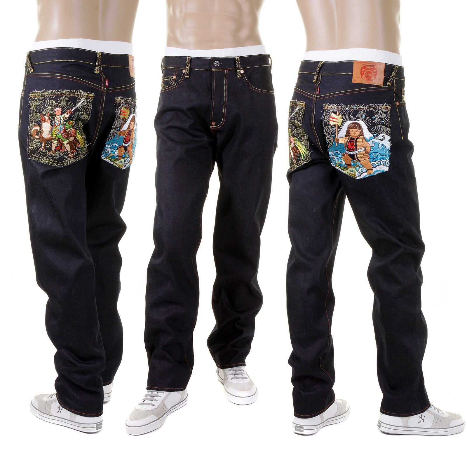 RMC JEANS SLIM FIT EMBROIDERED GENIUS HERO MOMOTARO2 DARK INDIGO RAW SELVEDGE DENIM JEANS FOR MEN REDM2702