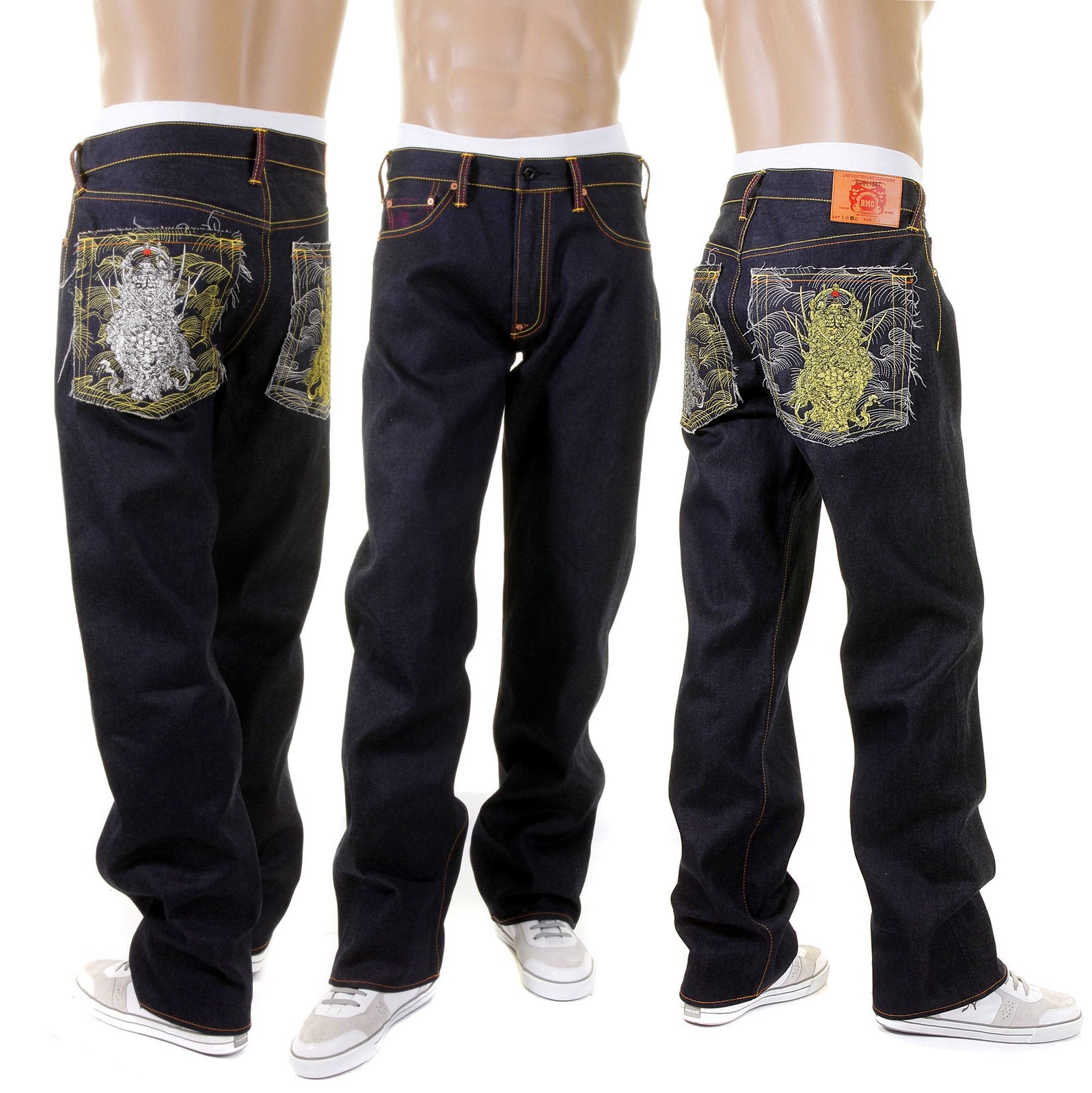 RMC MARTIN KSOHOH DARK INDIGO 4 FACE SILVER AND GOLD GOD SYMBOL EMBROIDERED VINTAGE CUT RAW DENIM JEANS REDM5638
