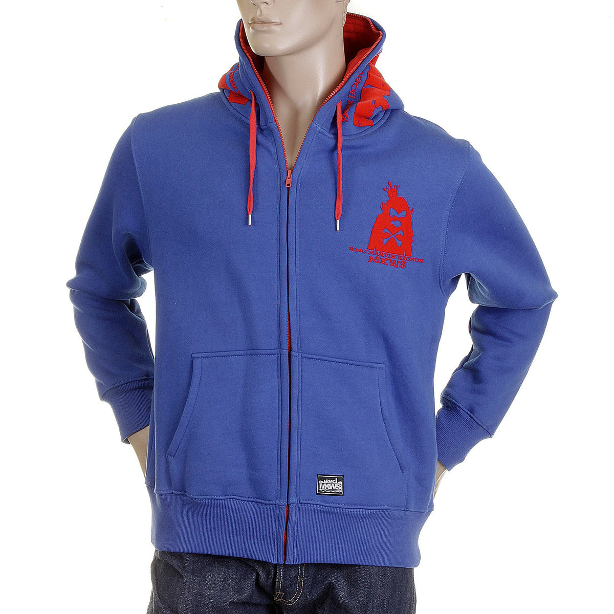 RMC MKWS HOODED ZIPPED ROYAL BLUE RED FLOCK PRINTED REGULAR FIT SWEATSHIRT FOR MEN REDM2338