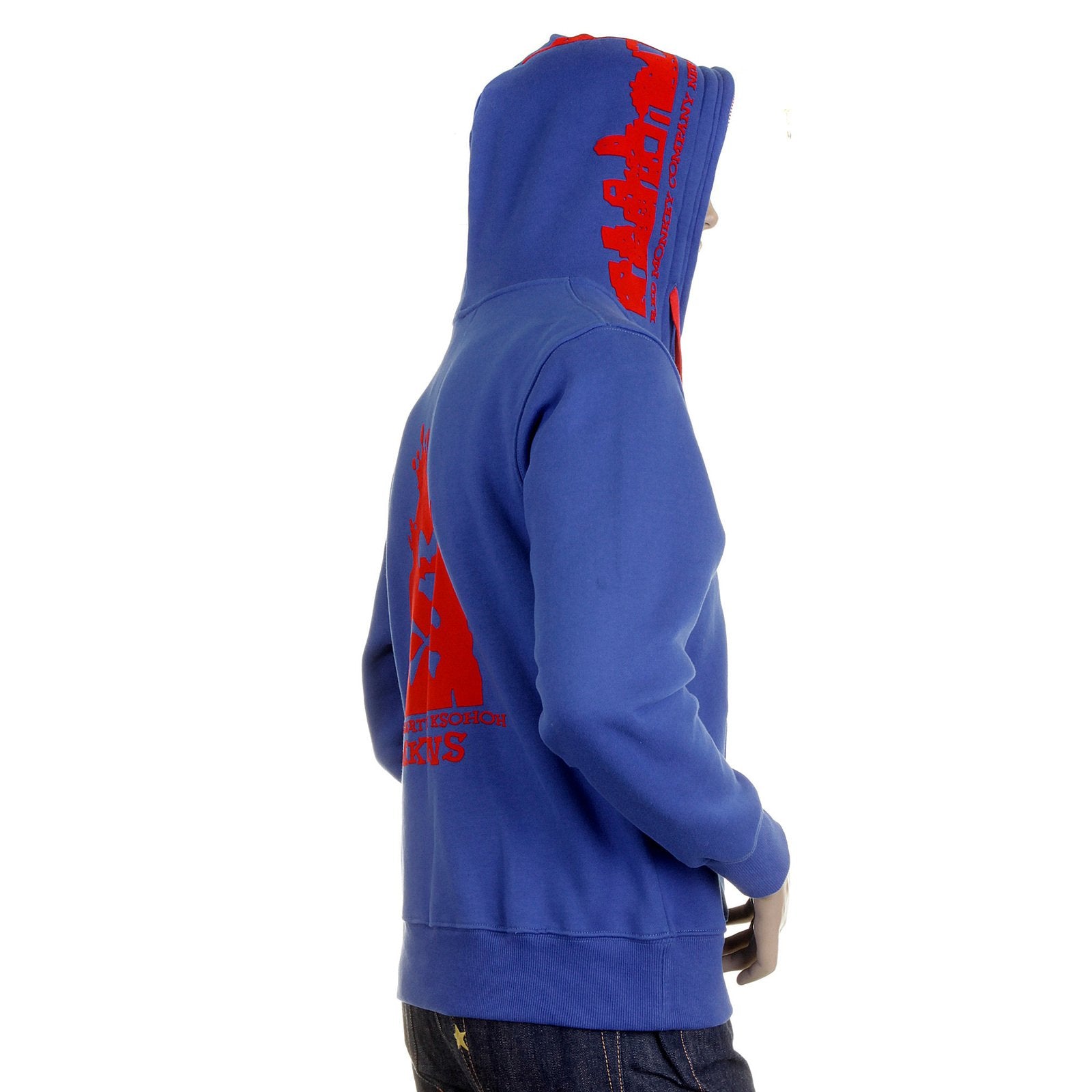 RMC MKWS HOODED ZIPPED ROYAL BLUE RED FLOCK PRINTED REGULAR FIT SWEATSHIRT FOR MEN REDM2338