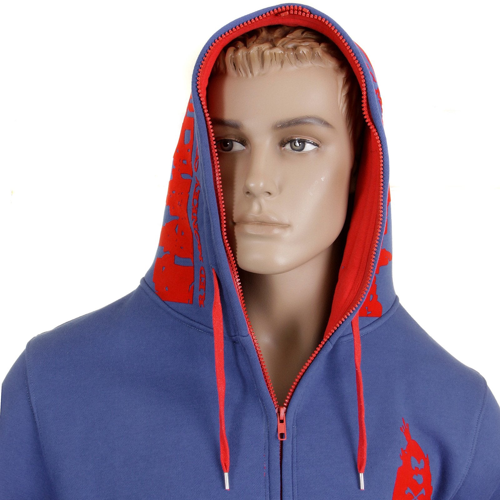 RMC MKWS HOODED ZIPPED ROYAL BLUE RED FLOCK PRINTED REGULAR FIT SWEATSHIRT FOR MEN REDM2338