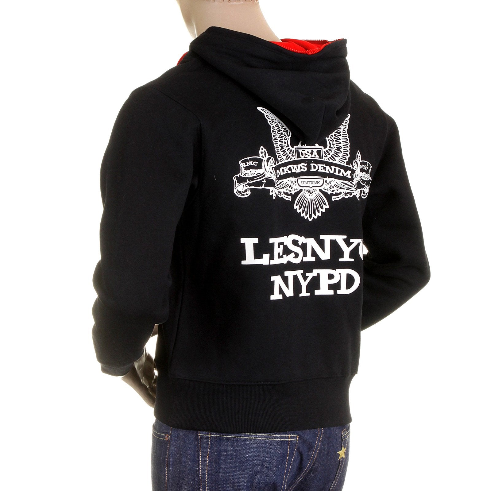 RMC MKWS MENS REGULAR FIT HOODED BLACK NYPD USA EAGLE PRINTED ZIP UP SWEATSHIRT REDM2333