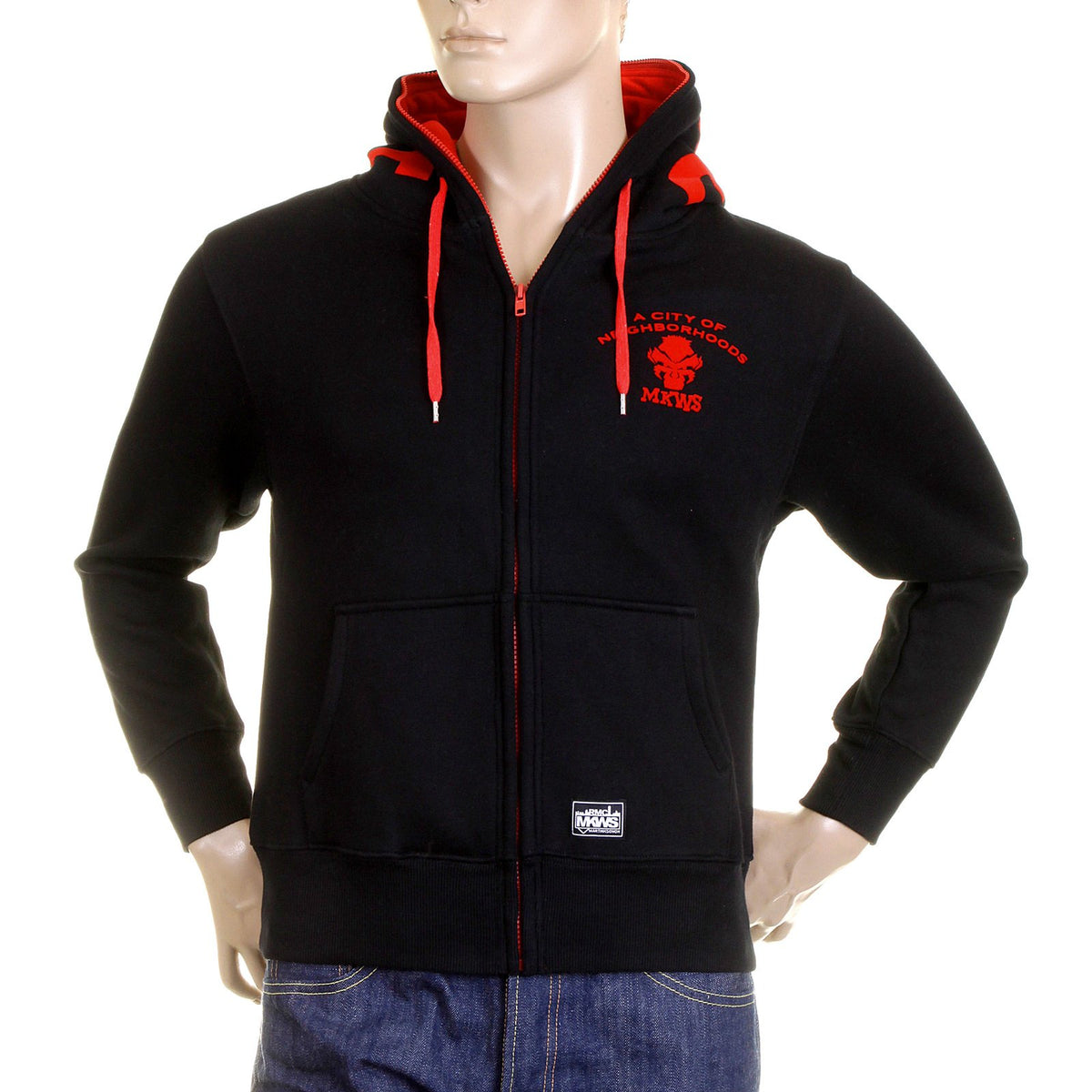 RMC MKWS REGULAR FIT HOODED ZIPPED BLACK SWEATSHIRT WITH EMPIRE MONKEY FLOCK PRINT REDM2329