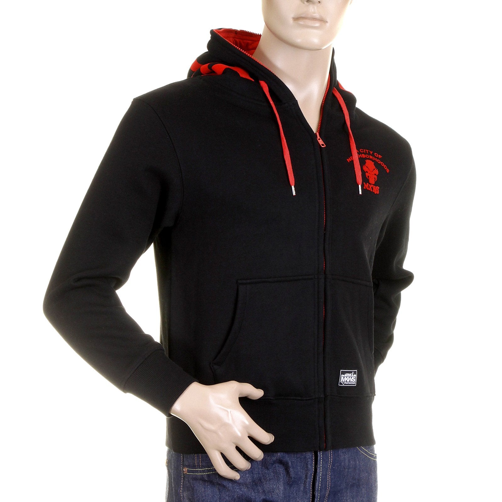 RMC MKWS REGULAR FIT HOODED ZIPPED BLACK SWEATSHIRT WITH EMPIRE MONKEY FLOCK PRINT REDM2329