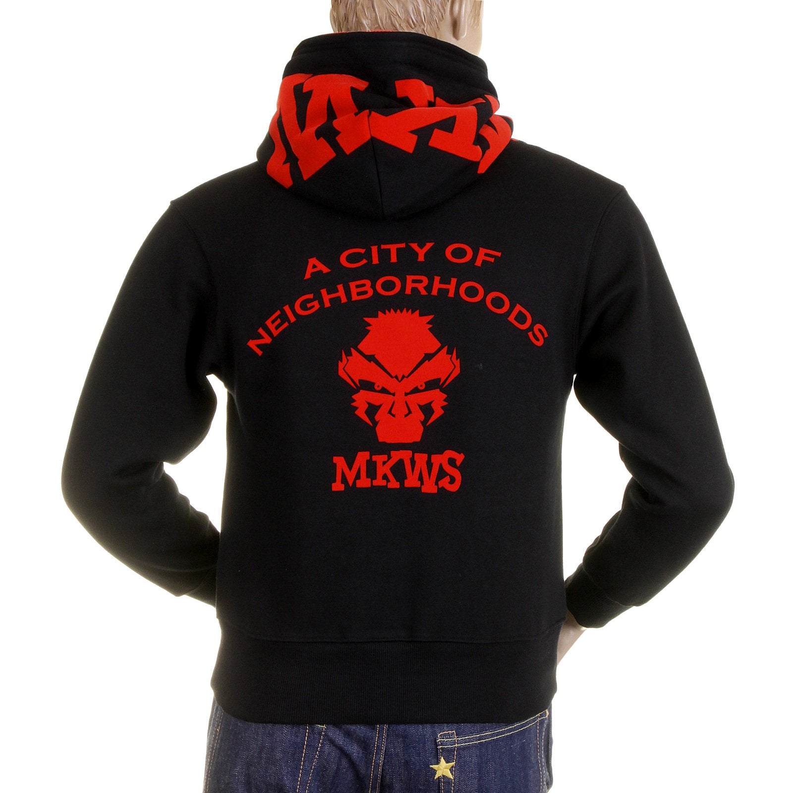RMC MKWS REGULAR FIT HOODED ZIPPED BLACK SWEATSHIRT WITH EMPIRE MONKEY FLOCK PRINT REDM2329