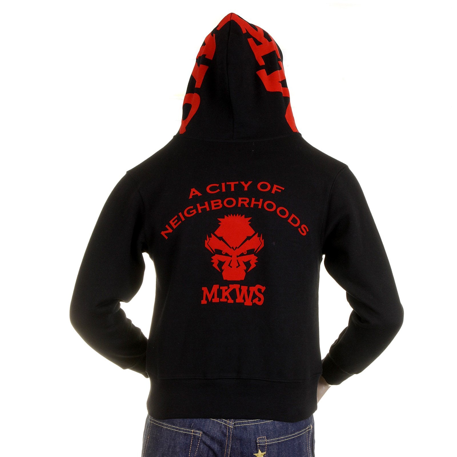 RMC MKWS REGULAR FIT HOODED ZIPPED BLACK SWEATSHIRT WITH EMPIRE MONKEY FLOCK PRINT REDM2329