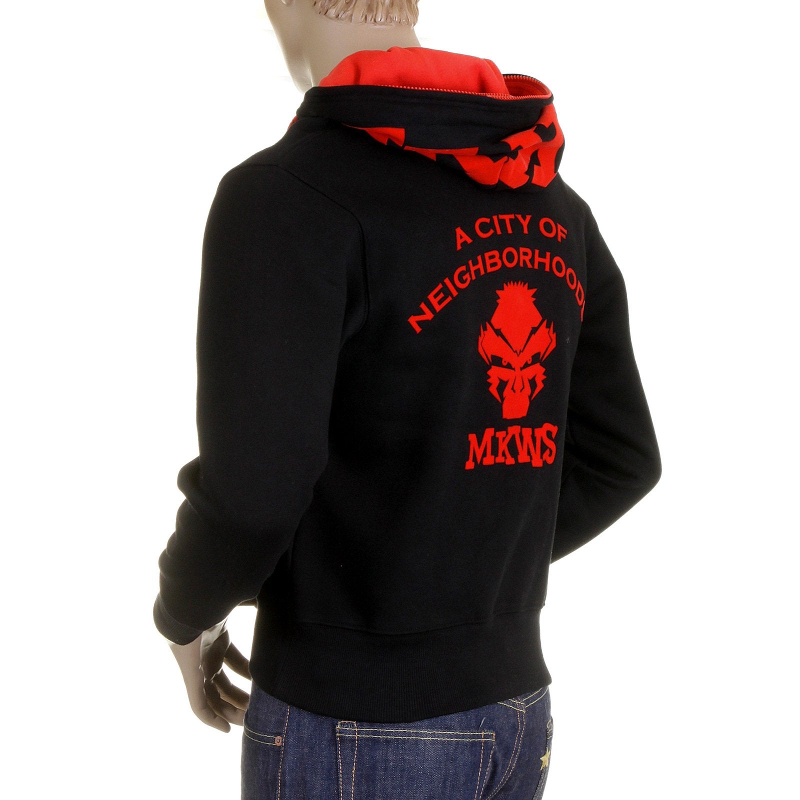 RMC MKWS REGULAR FIT HOODED ZIPPED BLACK SWEATSHIRT WITH EMPIRE MONKEY FLOCK PRINT REDM2329
