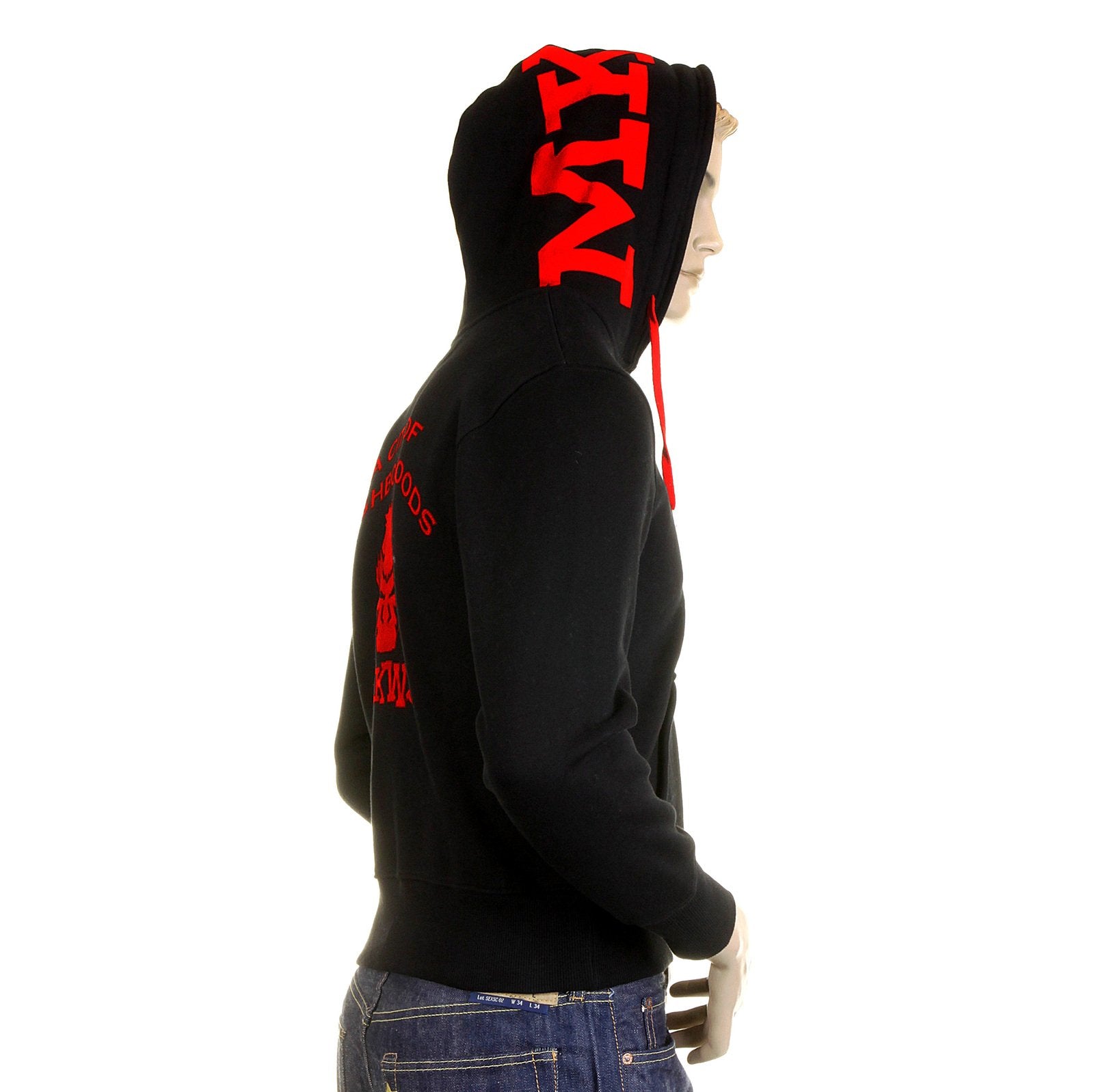 RMC MKWS REGULAR FIT HOODED ZIPPED BLACK SWEATSHIRT WITH EMPIRE MONKEY FLOCK PRINT REDM2329