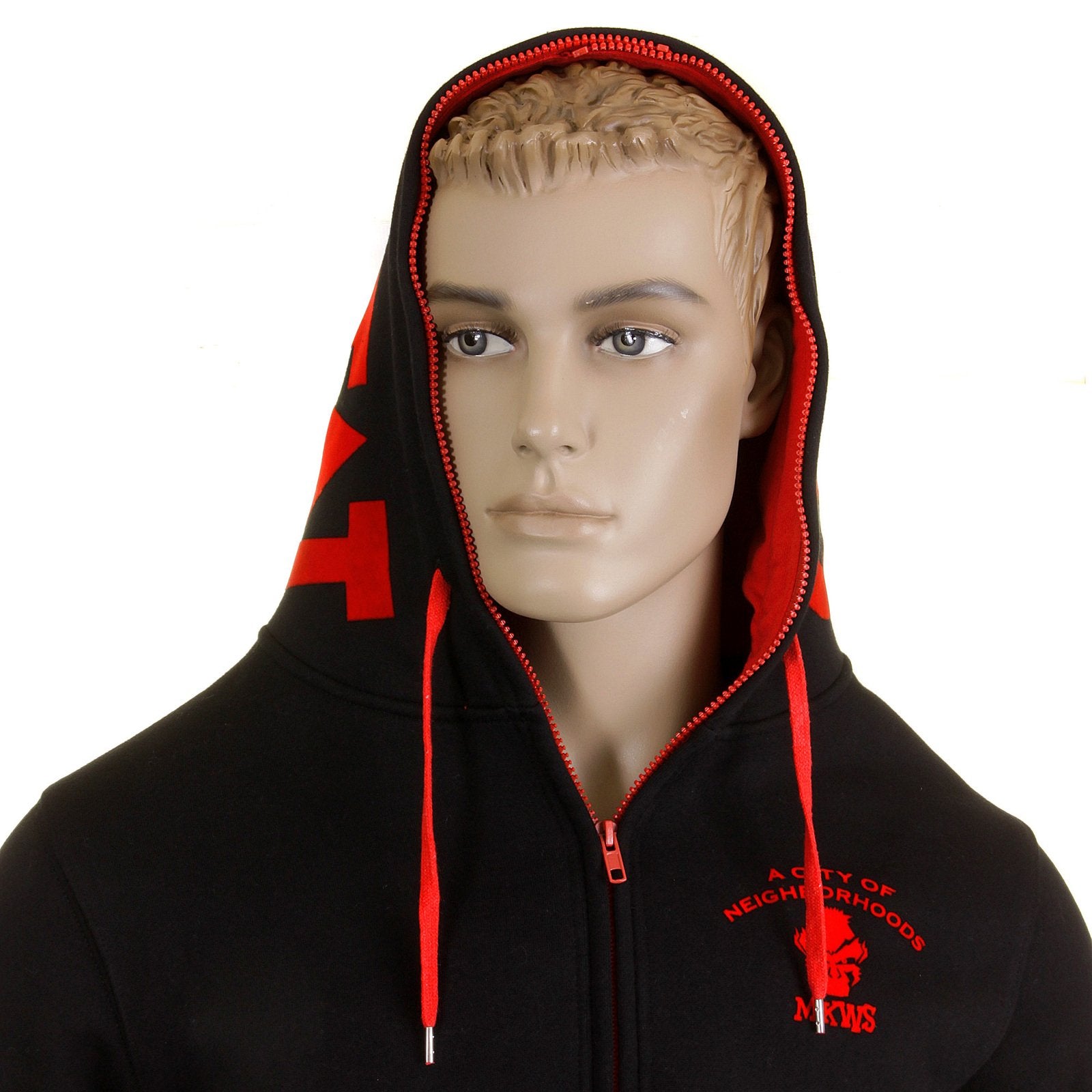 RMC MKWS REGULAR FIT HOODED ZIPPED BLACK SWEATSHIRT WITH EMPIRE MONKEY FLOCK PRINT REDM2329