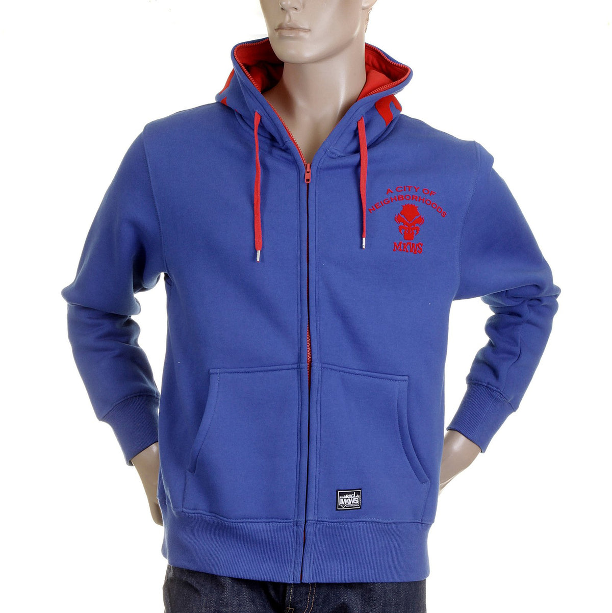 RMC MARTIN KSOHOH MKWS REGULAR FIT HOODED ZIPPED BLUE SWEATSHIRT WITH EMPIRE MONKEY FLOCK PRINT REDM2328