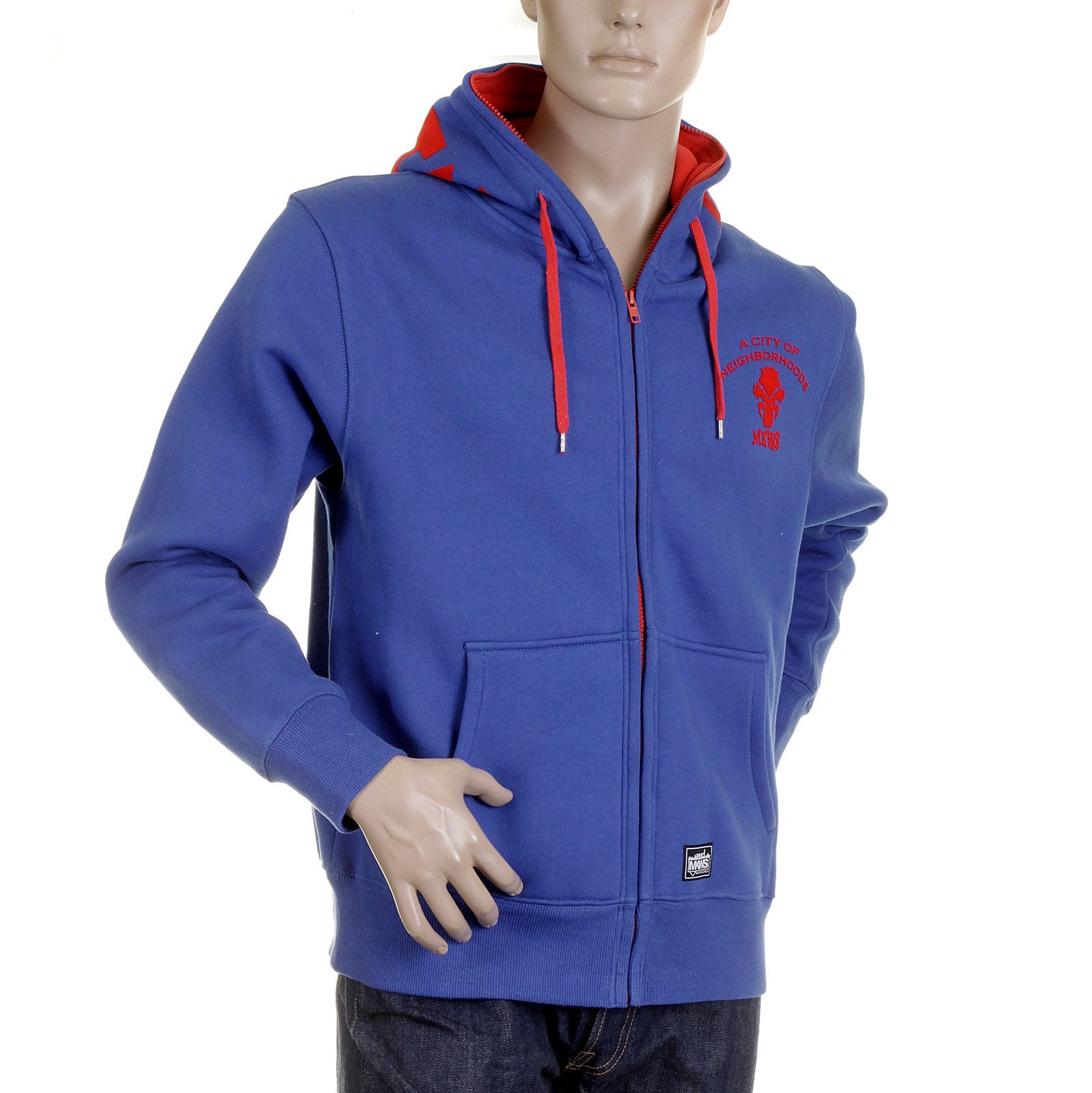 RMC MARTIN KSOHOH MKWS REGULAR FIT HOODED ZIPPED BLUE SWEATSHIRT WITH EMPIRE MONKEY FLOCK PRINT REDM2328