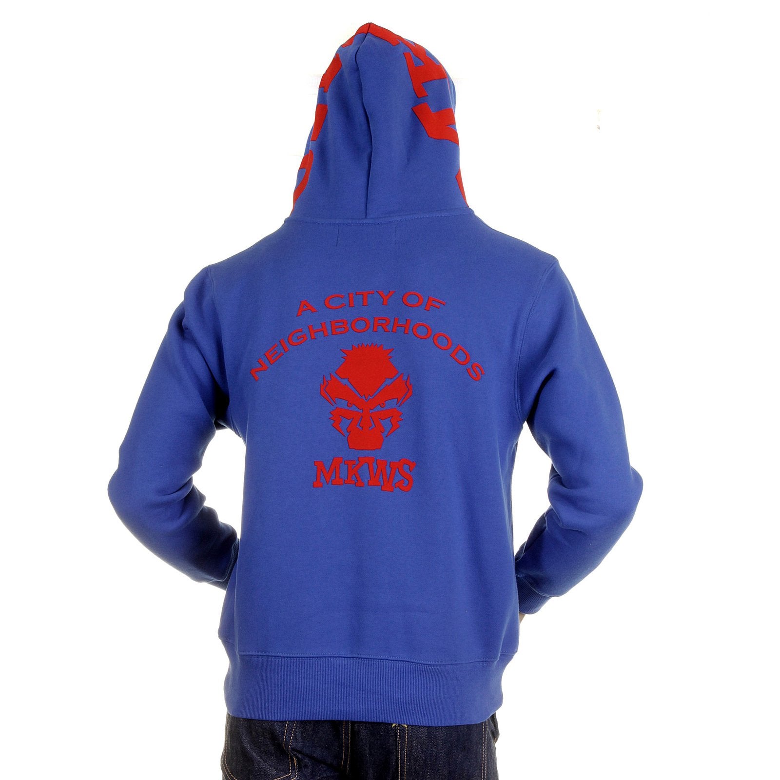 RMC MARTIN KSOHOH MKWS REGULAR FIT HOODED ZIPPED BLUE SWEATSHIRT WITH EMPIRE MONKEY FLOCK PRINT REDM2328