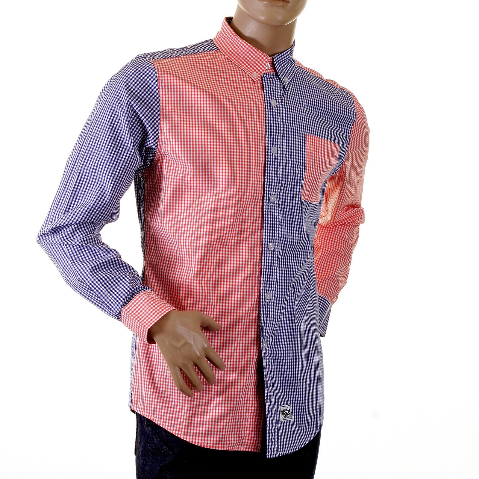 RMC MKWS LONG SLEEVED SOFT BUTTON DOWN COLLAR REGULAR FIT RED AND NAVY PATCH SHIRT FOR MEN REDM2111