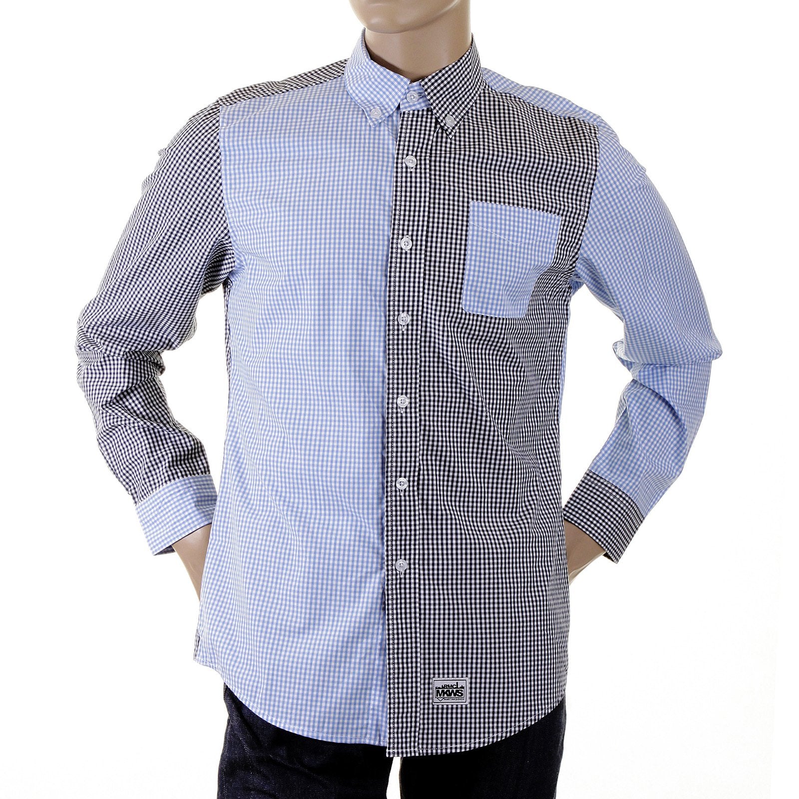 RMC MKWS LONG SLEEVED SOFT BUTTON DOWN COLLAR REGULAR FIT BLUE AND BLACK PATCH SHIRT FOR MEN REDM2109