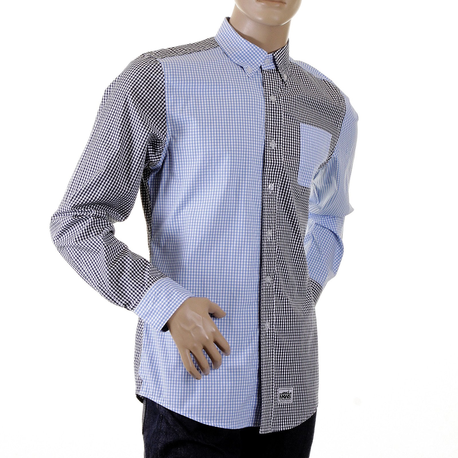 RMC MKWS LONG SLEEVED SOFT BUTTON DOWN COLLAR REGULAR FIT BLUE AND BLACK PATCH SHIRT FOR MEN REDM2109