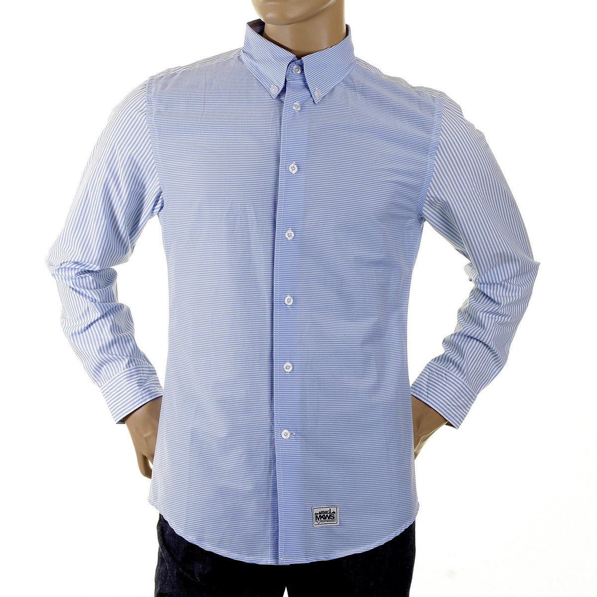 RMC MARTIN KSOHOH MKWS BLUE STRIPED PATCH SLEEVE REGULAR FIT BUTTON DOWN COLLAR SHIRT FOR MEN REDM2110