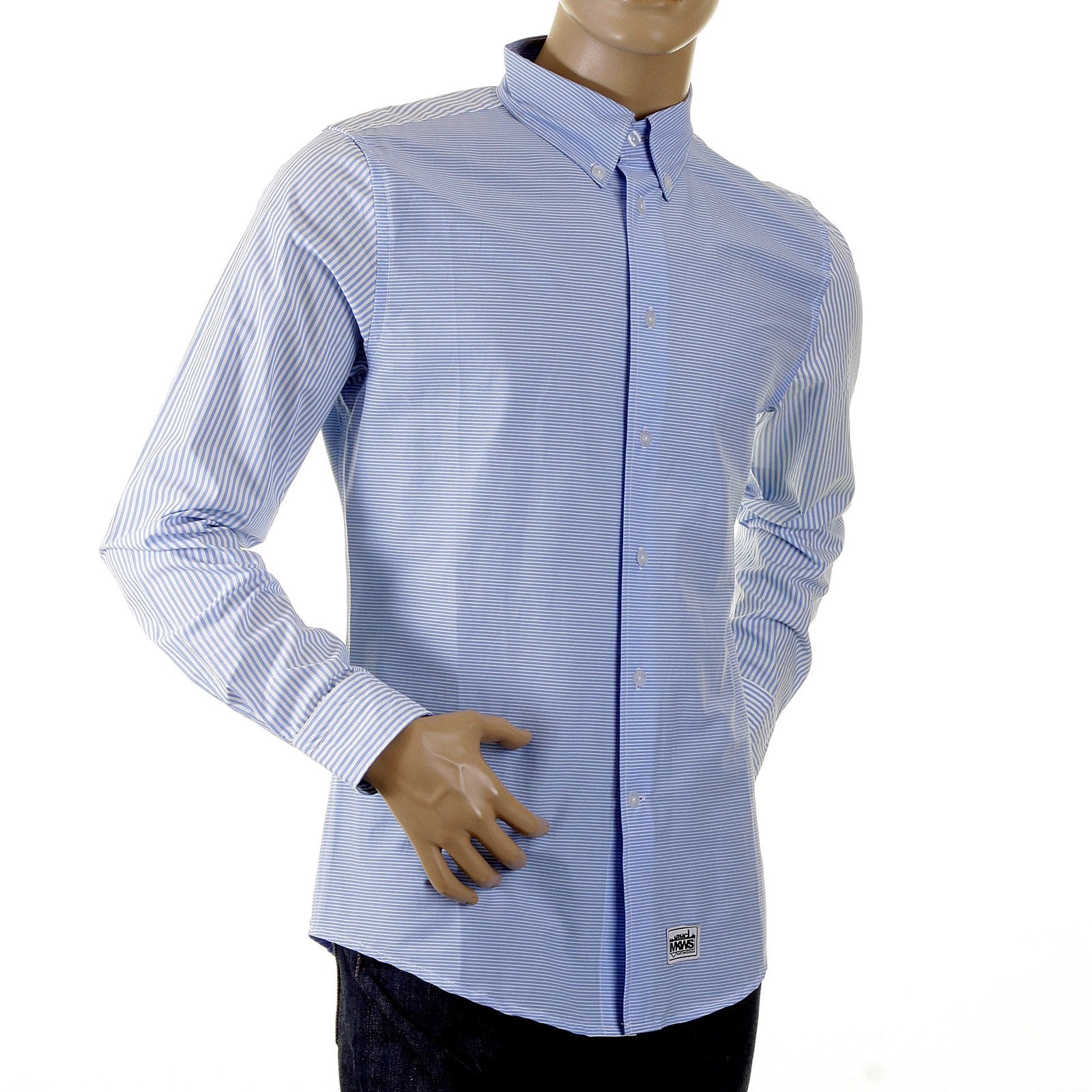 RMC MARTIN KSOHOH MKWS BLUE STRIPED PATCH SLEEVE REGULAR FIT BUTTON DOWN COLLAR SHIRT FOR MEN REDM2110