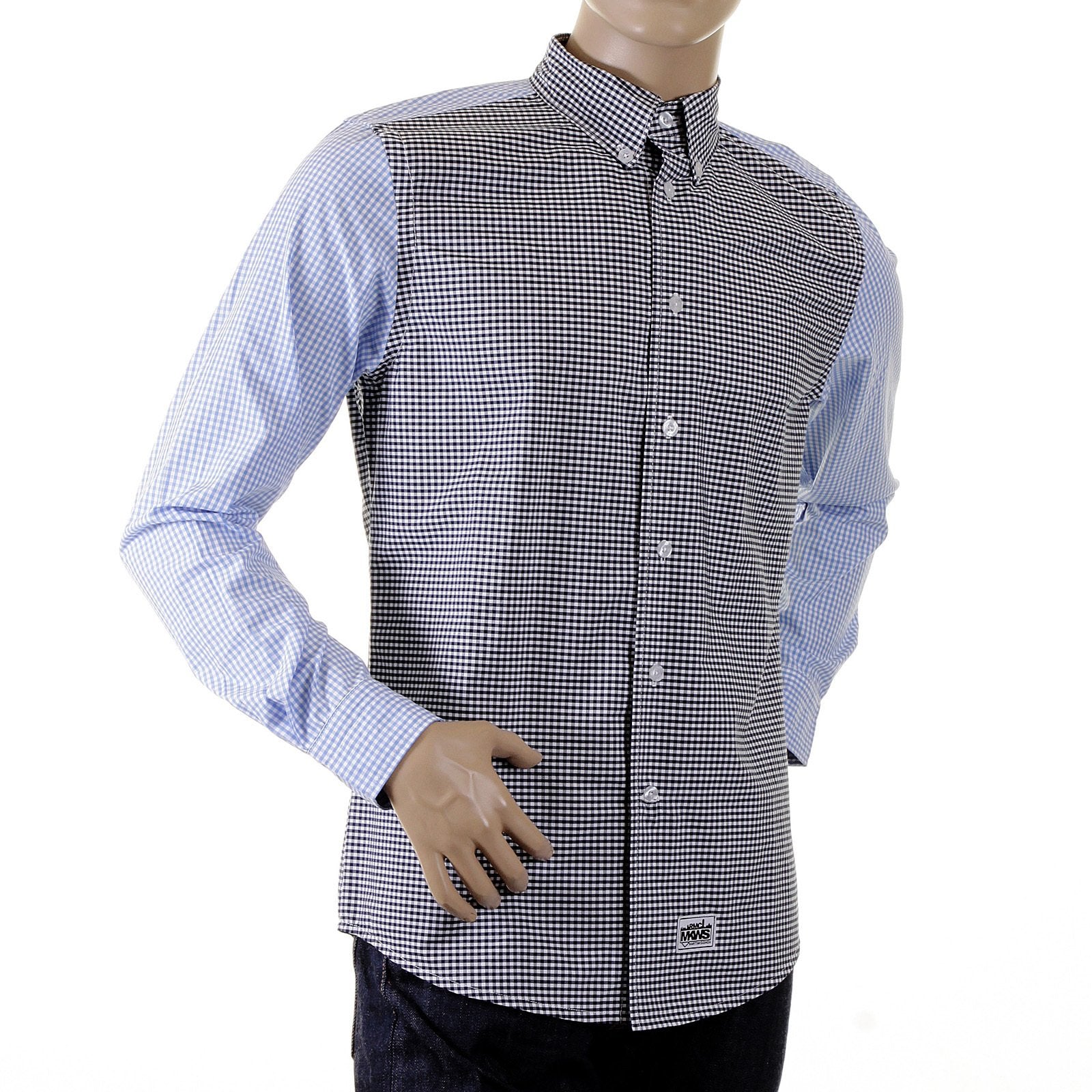 RMC MARTIN KSOHOH MKWS BLACK AND BLUE PATCH SLEEVE REGULAR FIT BUTTON DOWN COLLAR SHIRT FOR MEN REDM2112