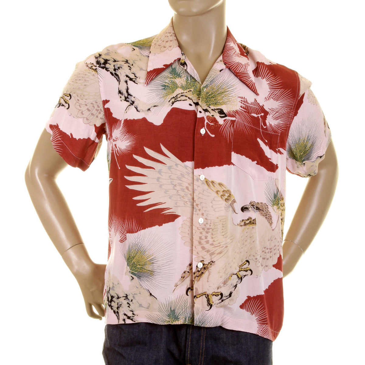 RMC JEANS REGULAR FIT SHORT SLEEVE JAPANESE EAGLE IN LEAF PRINTED SHIRT FOR MEN REDM0916