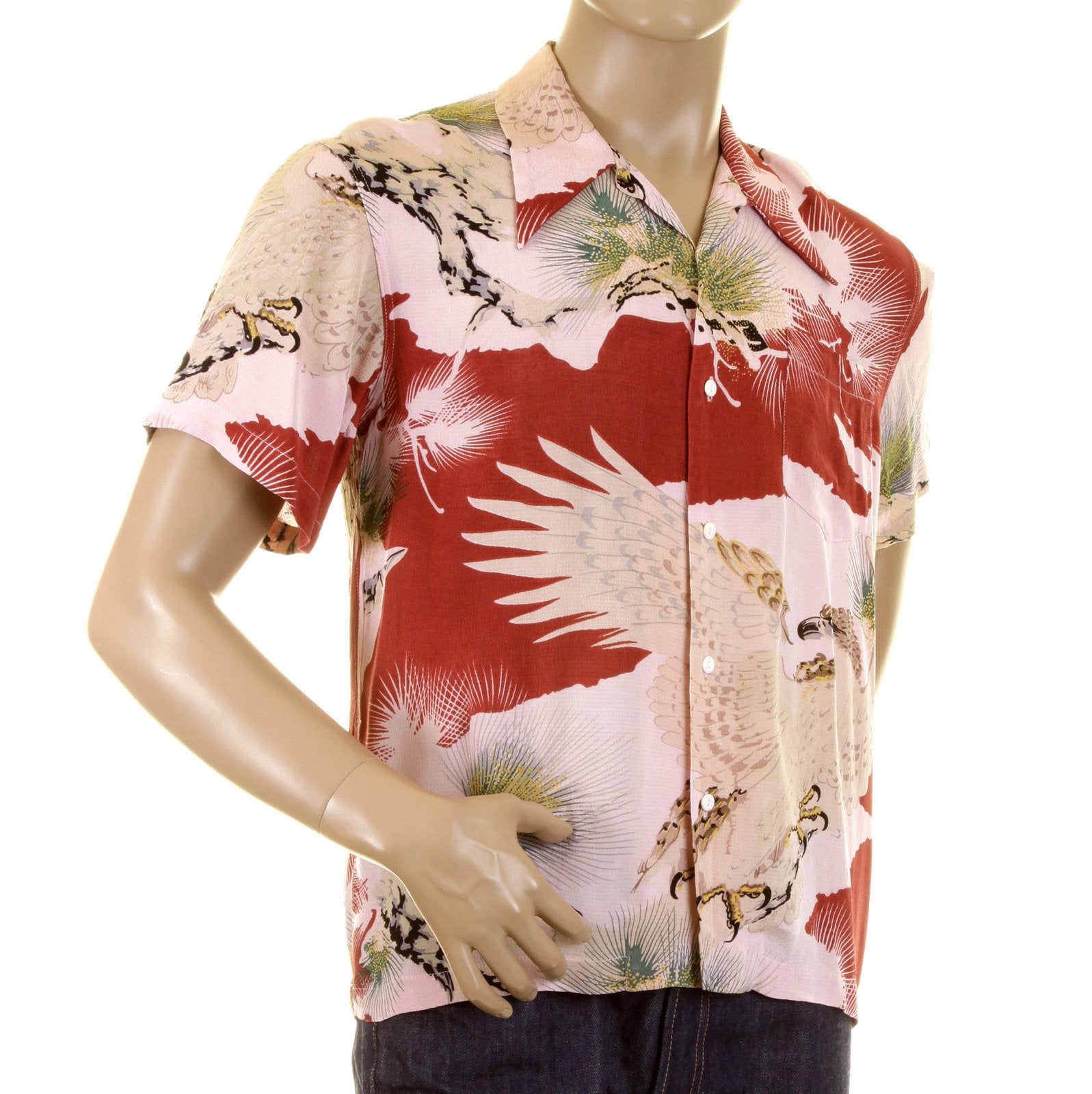 RMC JEANS REGULAR FIT SHORT SLEEVE JAPANESE EAGLE IN LEAF PRINTED SHIRT FOR MEN REDM0916