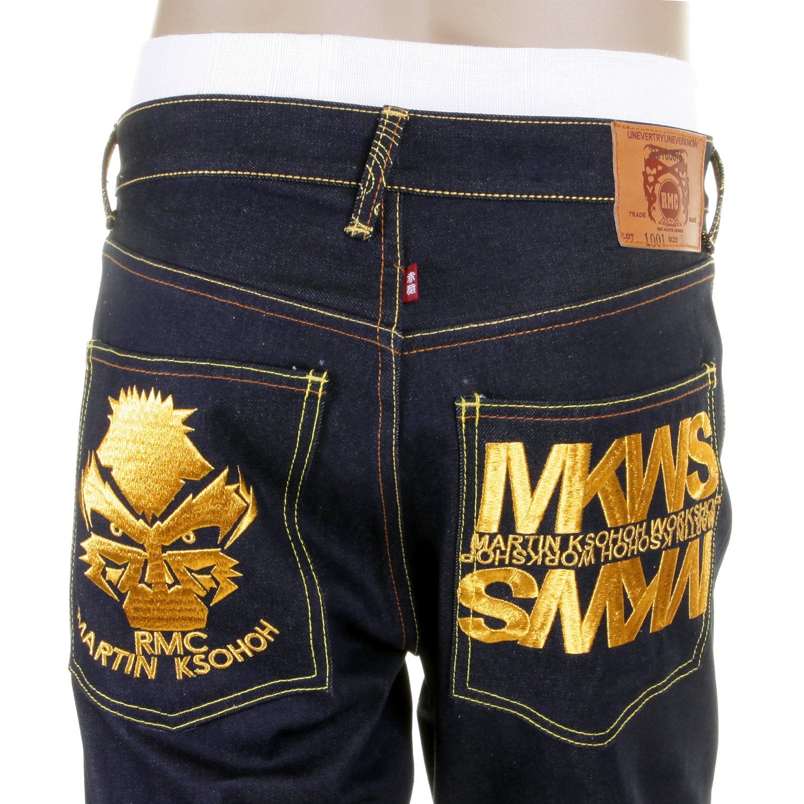 RMC JEANS EMPIRE CYBER MONKEY SLIMMER CUT GOLD EMBROIDERED MODEL 1001 DENIM JEANS REDM1148