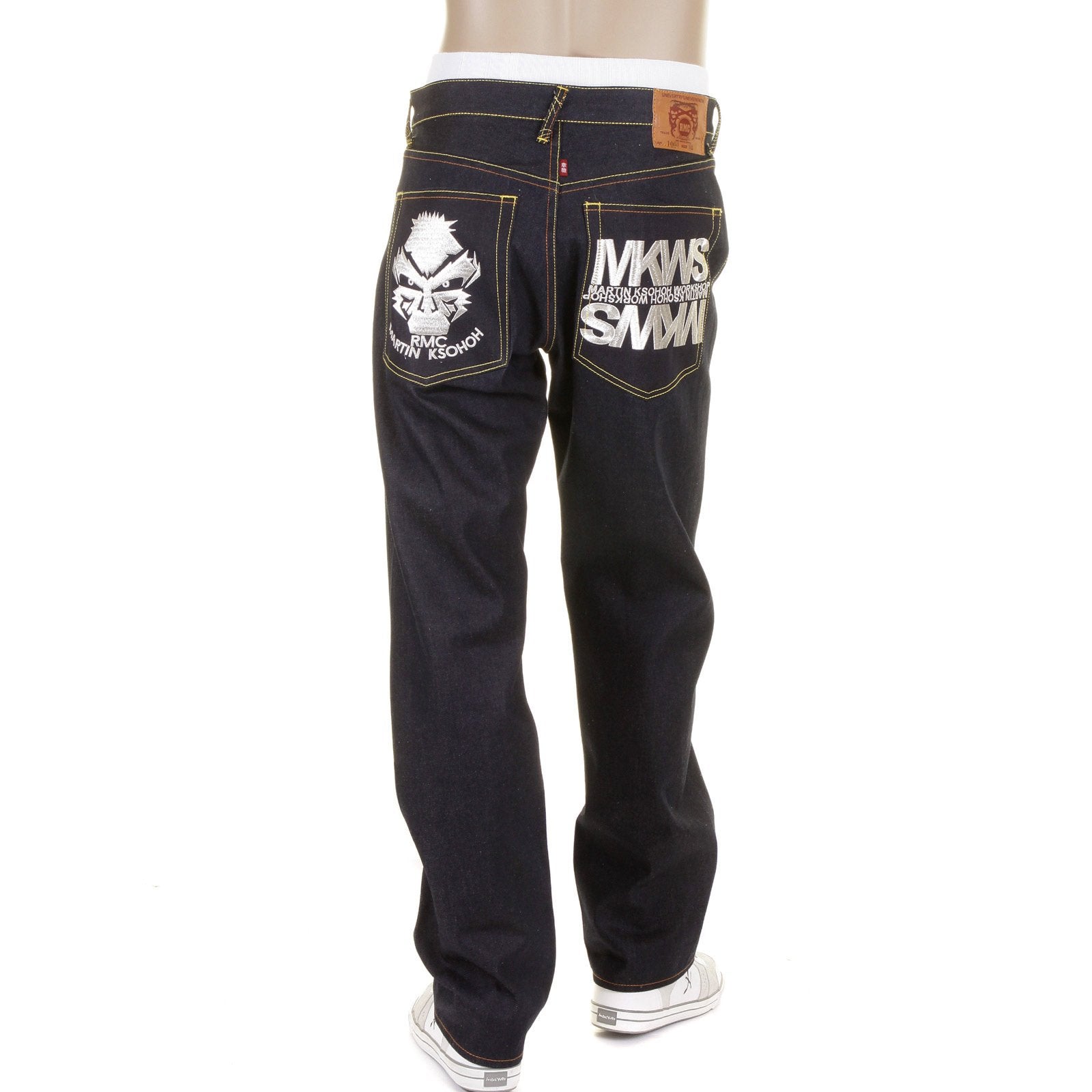 RMC MARTIN KSOHOH 1001 SILVER EMPIRE CYBER MONKEY DARK INDIGO RAW SLIMMER CUT EMBROIDERED JEANS REDM1146