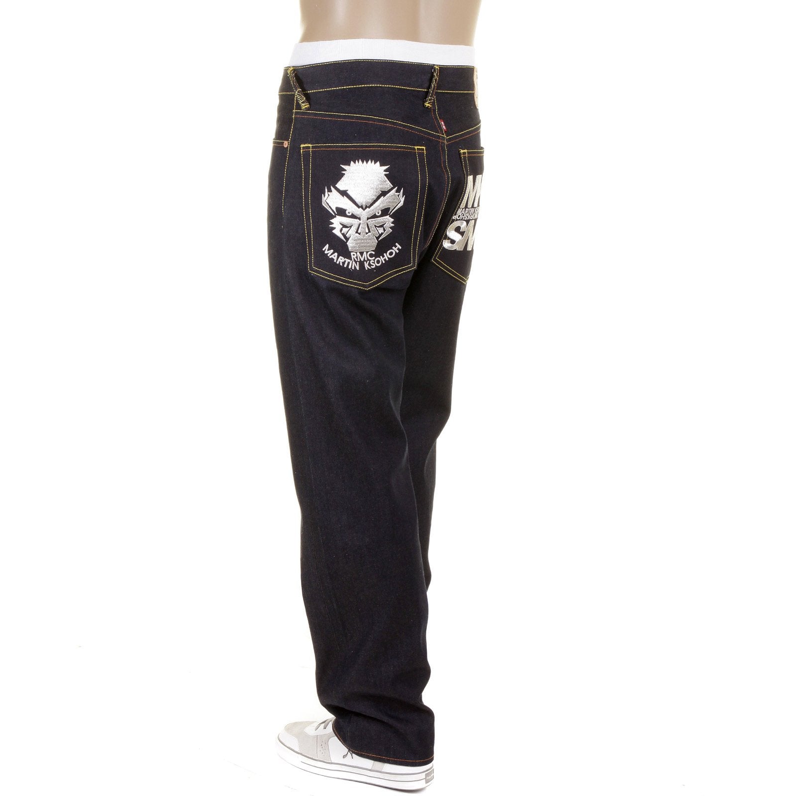 RMC MARTIN KSOHOH 1001 SILVER EMPIRE CYBER MONKEY DARK INDIGO RAW SLIMMER CUT EMBROIDERED JEANS REDM1146