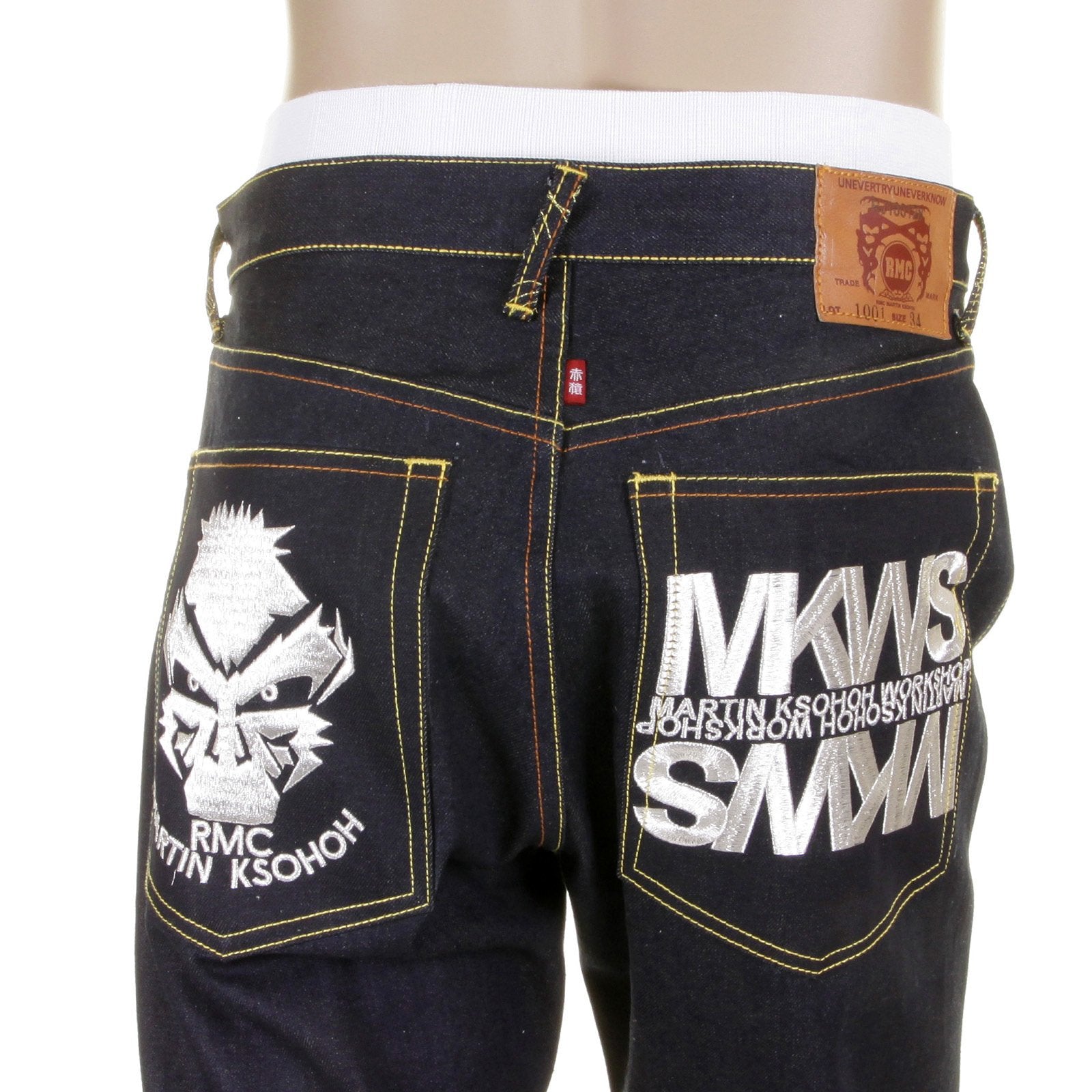 RMC MARTIN KSOHOH 1001 SILVER EMPIRE CYBER MONKEY DARK INDIGO RAW SLIMMER CUT EMBROIDERED JEANS REDM1146