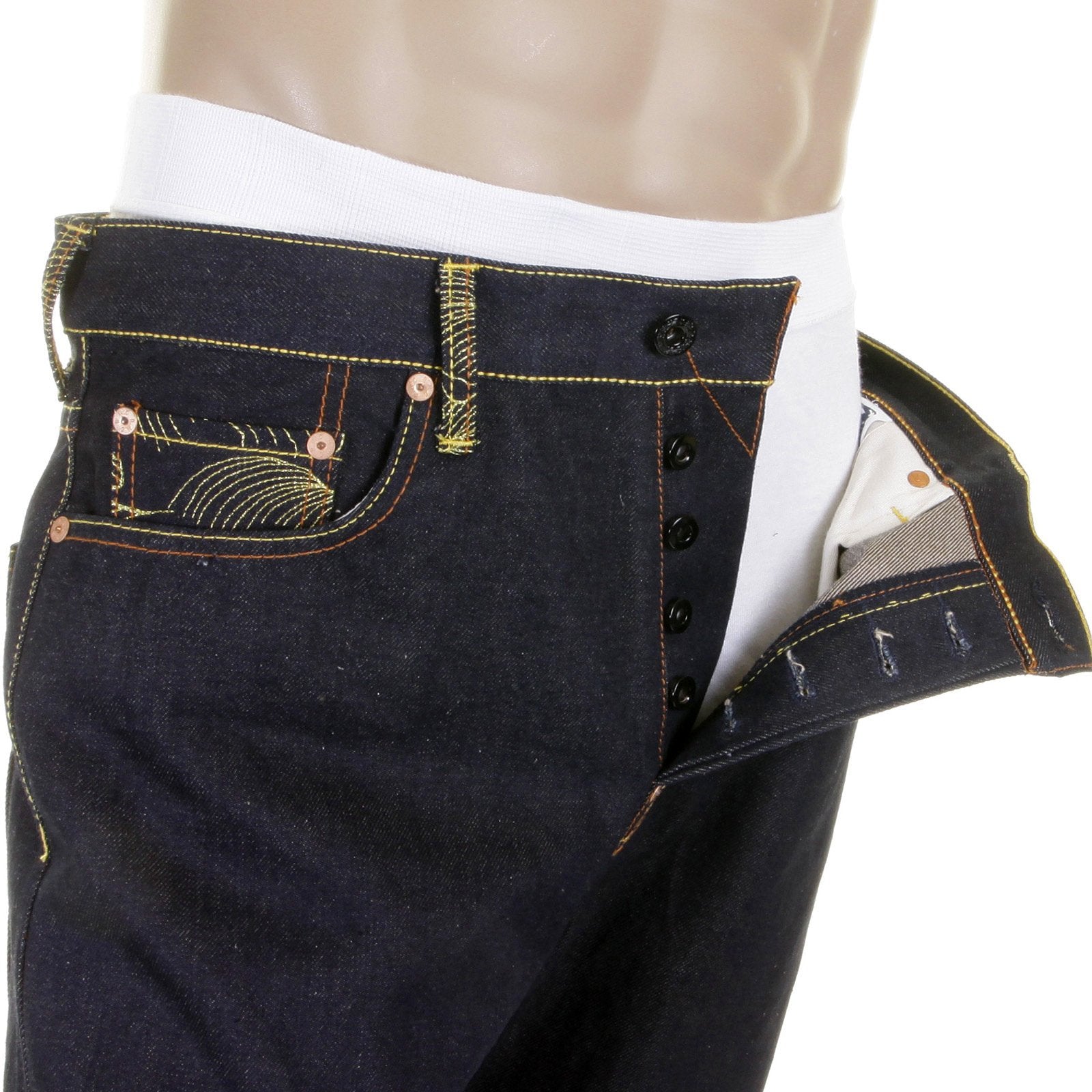 RMC MARTIN KSOHOH 1001 SILVER EMPIRE CYBER MONKEY DARK INDIGO RAW SLIMMER CUT EMBROIDERED JEANS REDM1146