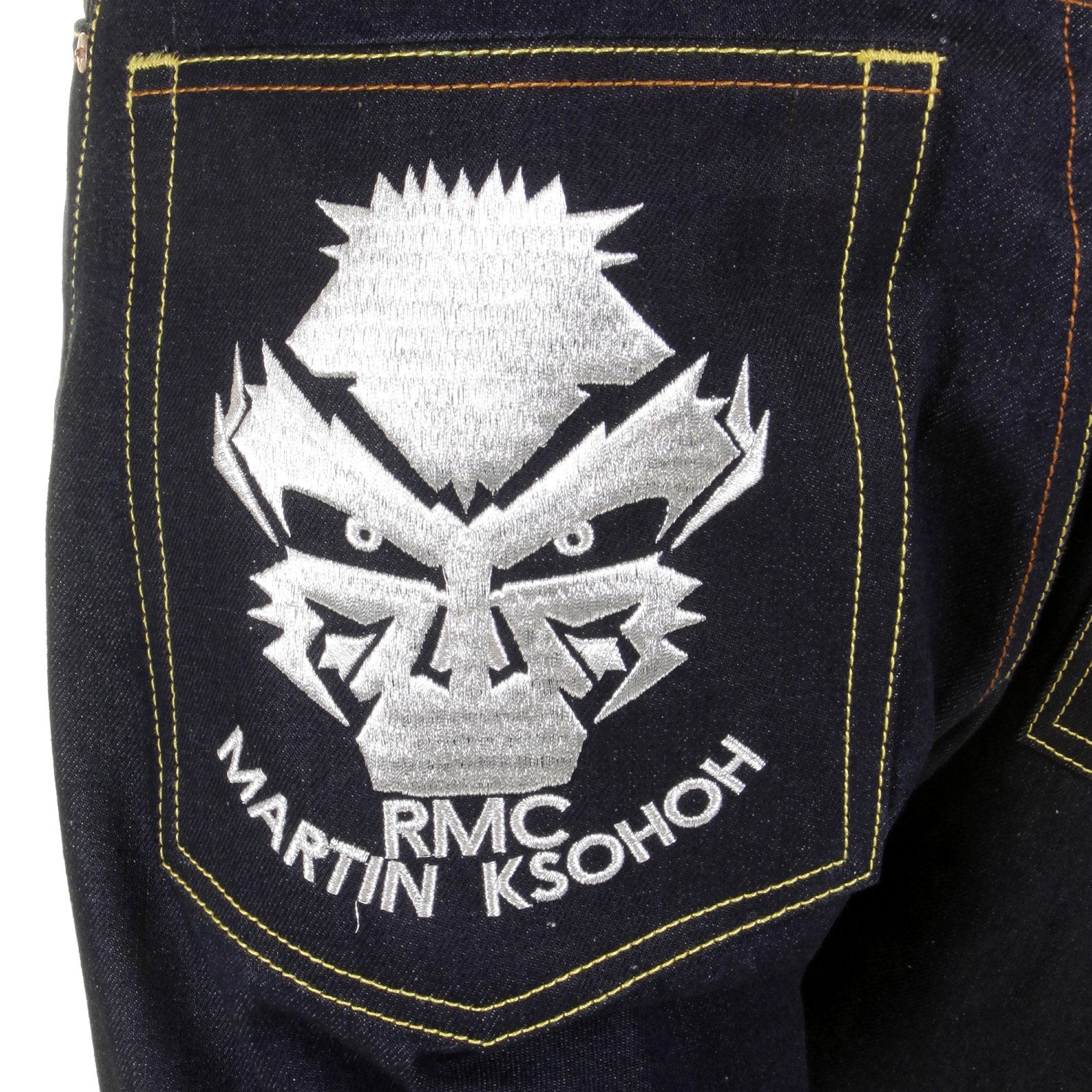 RMC MARTIN KSOHOH 1001 SILVER EMPIRE CYBER MONKEY DARK INDIGO RAW SLIMMER CUT EMBROIDERED JEANS REDM1146