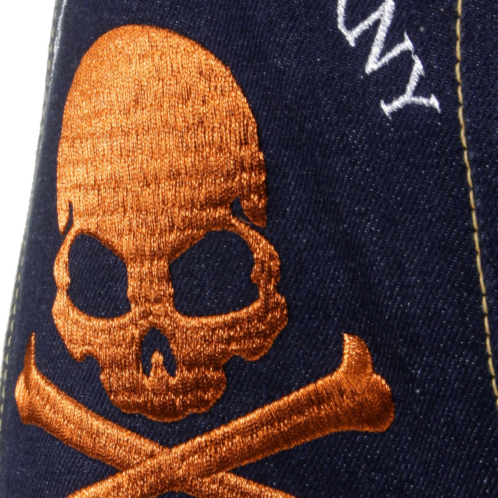 RMC JEANS MODEL 1001 MKWS SLIMMER CUT BURNT ORANGE SKULL AND CROSSBONES RAW DENIM JEANS REDM1153